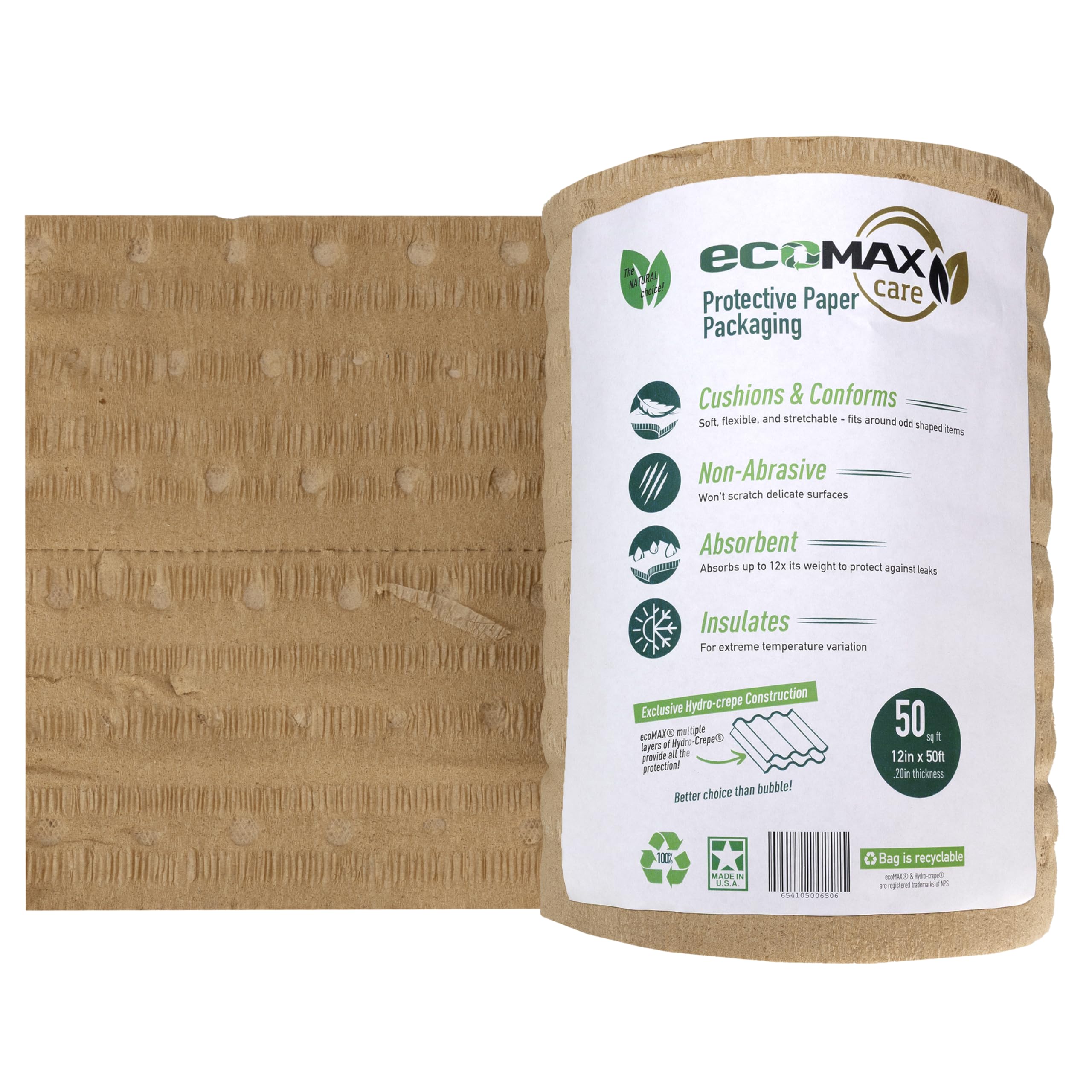 12" x 50' EcoMax™ Kraft Paper Cellulose Wadding (1 Roll) - Cushioning Wrapping and Box Void Filling - Soft and Gentle Packing for Shipping, Moving, and Storing Fragile Items