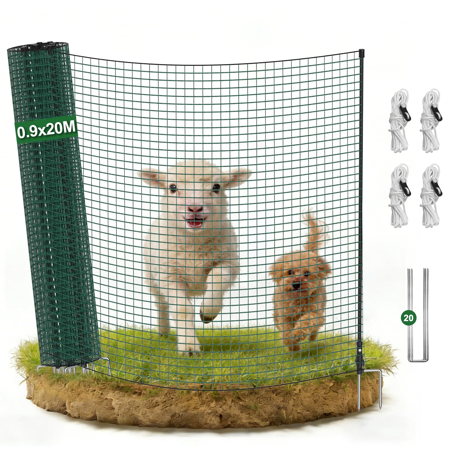 TEOV Mobiler Hundezaun 20m x 0.9m, Tragbarer Camping Zaun Komplett-Set, Universal Begrenzungszaun für Garten, Weide & Outdoor, Einfache Installation ohne Werkzeug