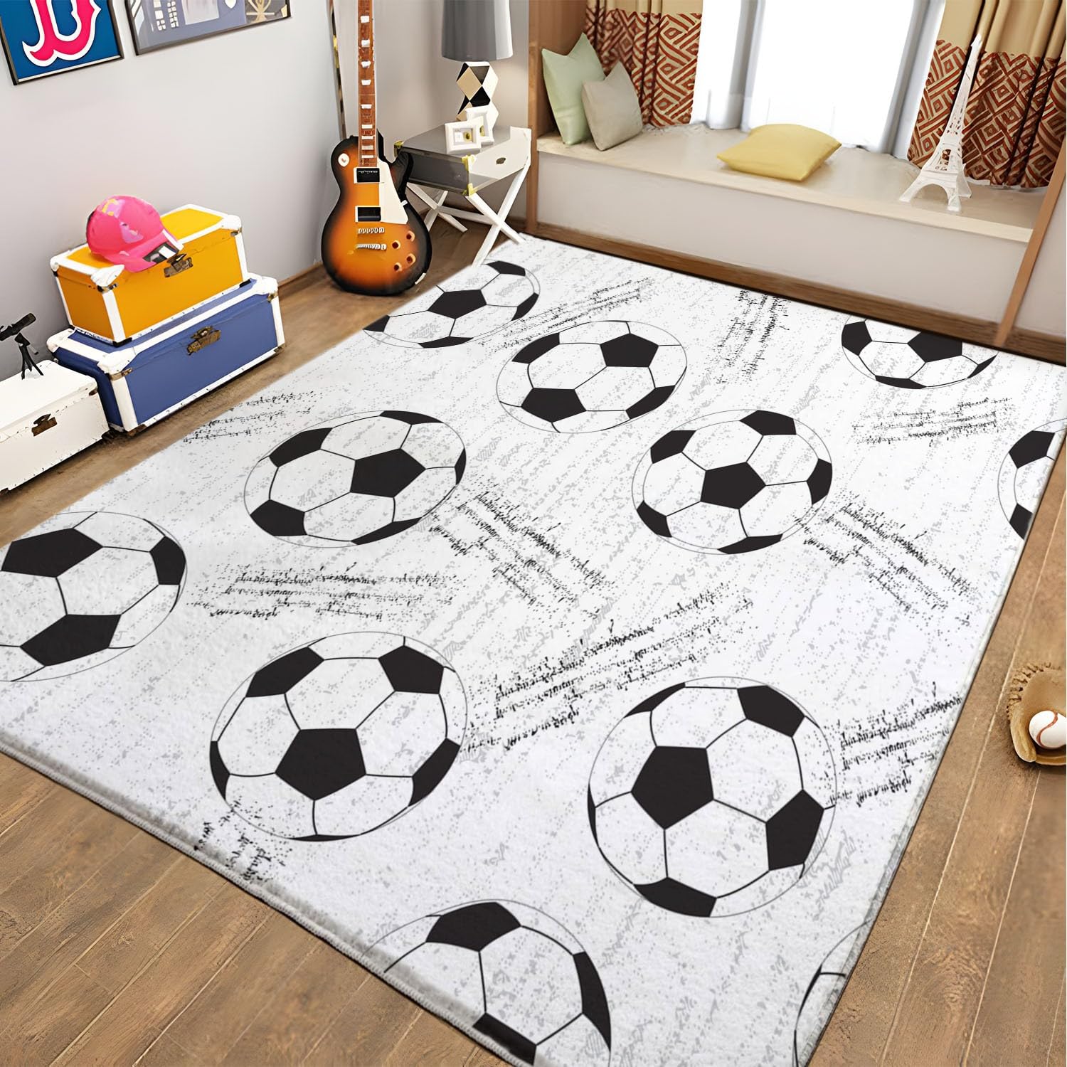 Luxus Soft Flauschiger Area Teppich 80cm x 150cm Indoor Shaggy rutschfeste Teppiche Schwarz-Weiß-Fußball Design Wohnkultur für Wohnzimmer Schlafzimmer Kinderzimmer Wohnzimmer