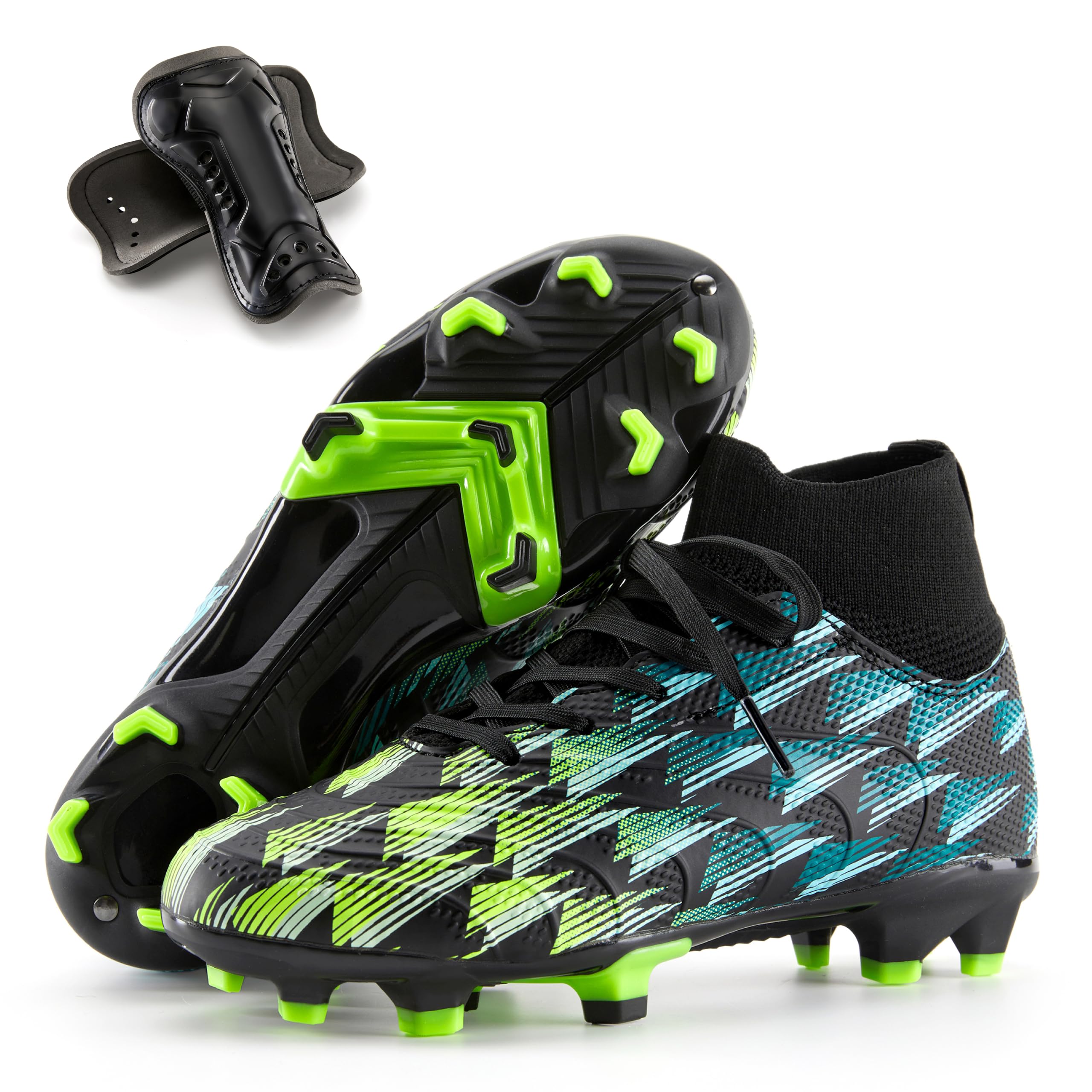 PATPAT Kids Soccer Cleats – Little Big Boys and Girls High Top Outdoor Firm Ground and Turf Football Training Shoes for Toddler Youth,Black/Green Sizes 6