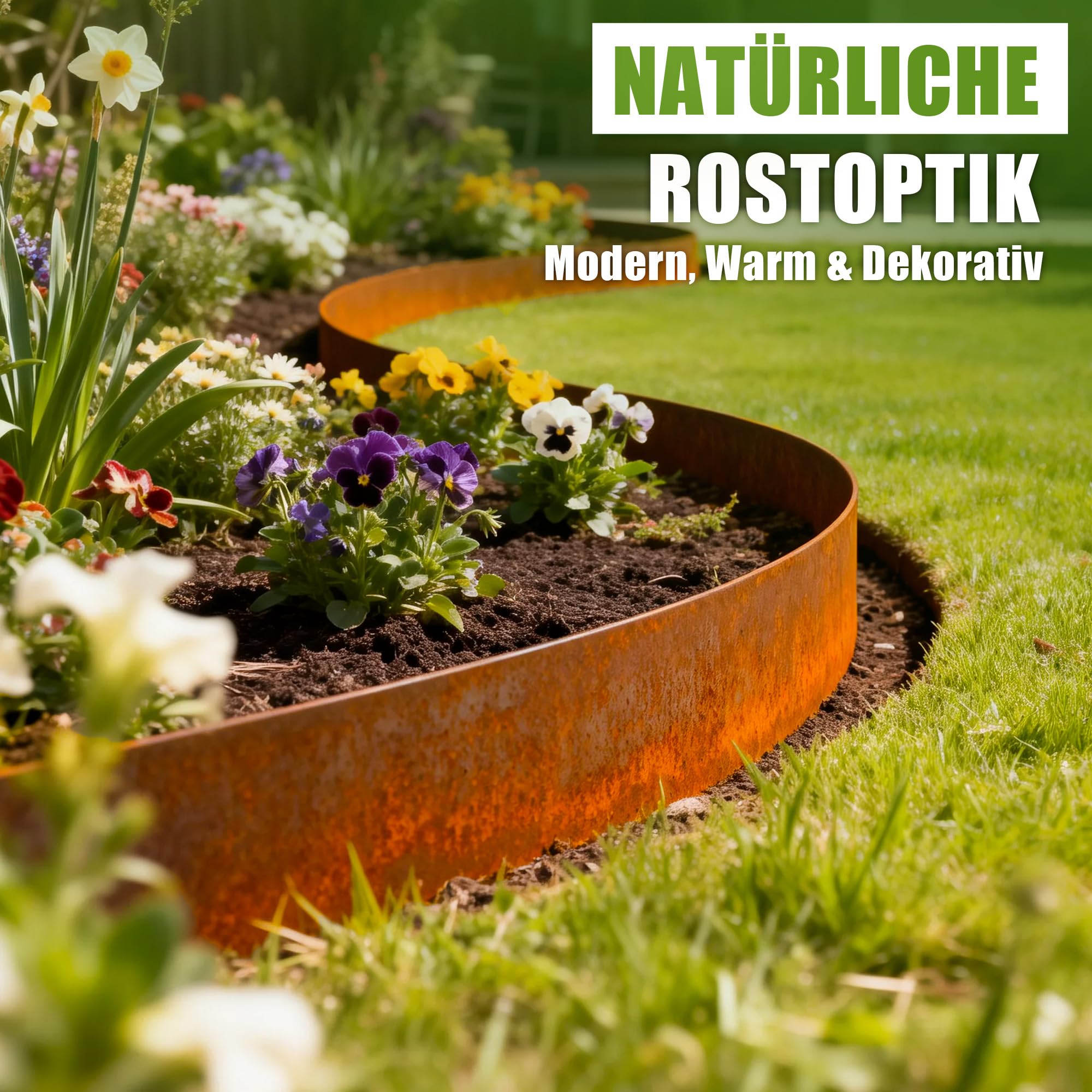 Enhon Borde de césped de Acero Corten, 10 m, Borde de Metal para parterres, 15,5 cm de Alto, Flexible y cortable; para diseño de Jardines, Bordes de césped, parterres, Caminos de Grava