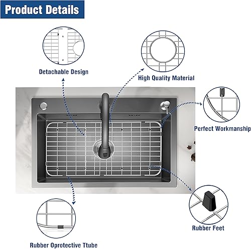 Miniatura 4 de Protector de fregadero de acero inoxidable de 25-18 x 12-78 pulgadas con drenaje central, estante de fregadero de metal para la parte inferior del