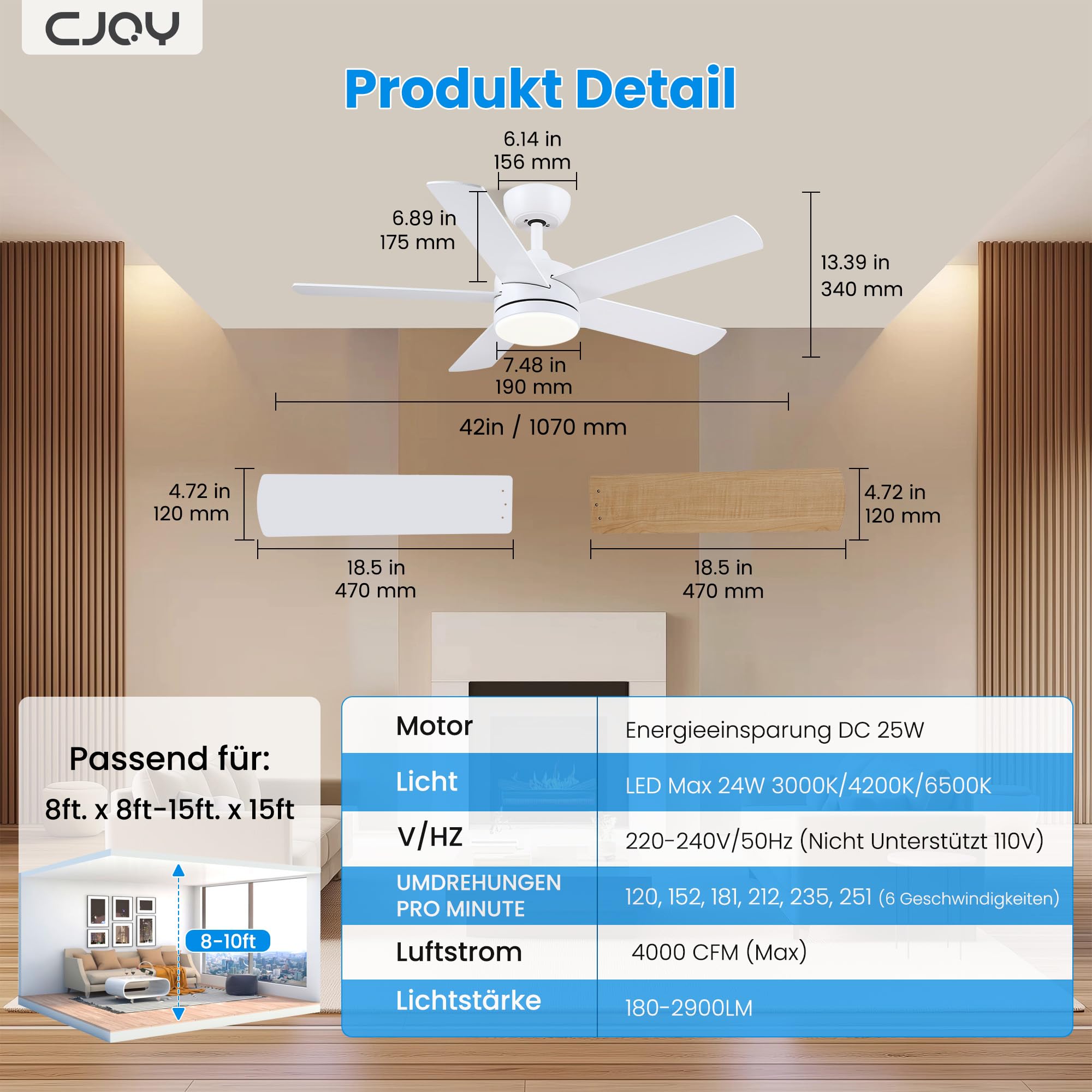 CJOY Deckenventilator mit Beleuchtung 107cm Weiß/Holz Fernbedienung Leise 3 CCT 5 Blätter Umkehrbar