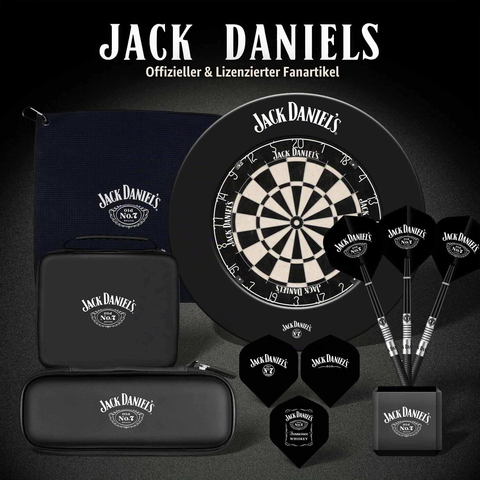 Offiziell lizenziertes Jack Daniel's bedruckte Dartpfeile in Schwarz inklusive Dartscheibe | JD Logo (CAB512), L