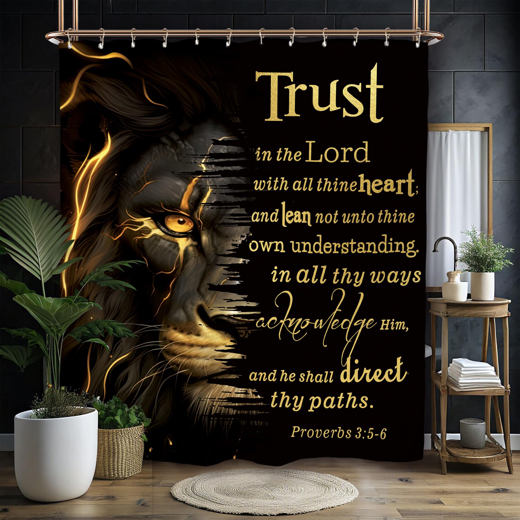 Miyotaa Lion Bible Scripture Shower Curtain Set 60Wx71H Inches Man Animal Inspirational Positive Motivational Black Gold Polyester Waterproof Cloth