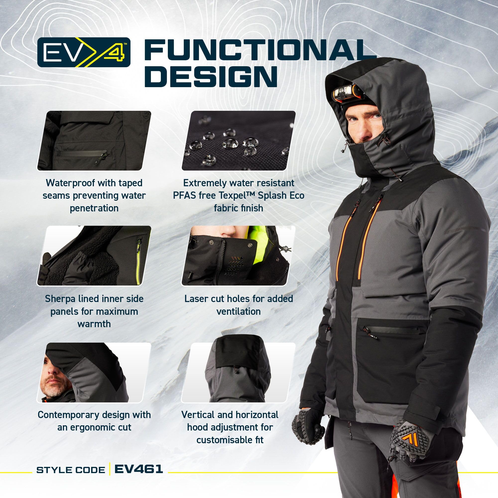 Portwest EV461 EV4 zimowa kurtka robocza, parka, ekstremalnie wodoodporna, elastyczna tkanina, bez PFAS Texpel Splash Eco Finish Panele z podszewką sherpa, wentylacja, regulowany kaptur, certyfikat