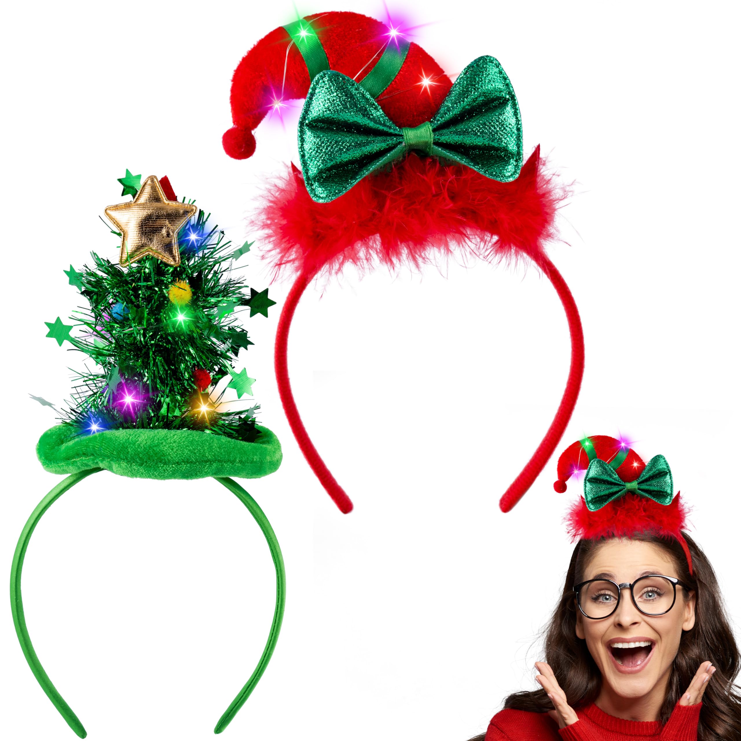 JOYIN 2 PCS Christmas LED Headband, Tree and Elf Hat Designs Headband with LED Lights for Christmas Party Decoration