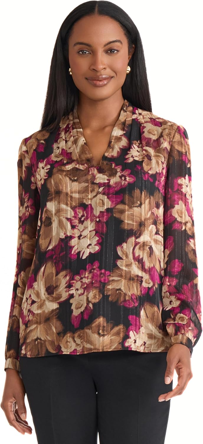 Kasper Womens Long Sleeve V-Neck Printed Top