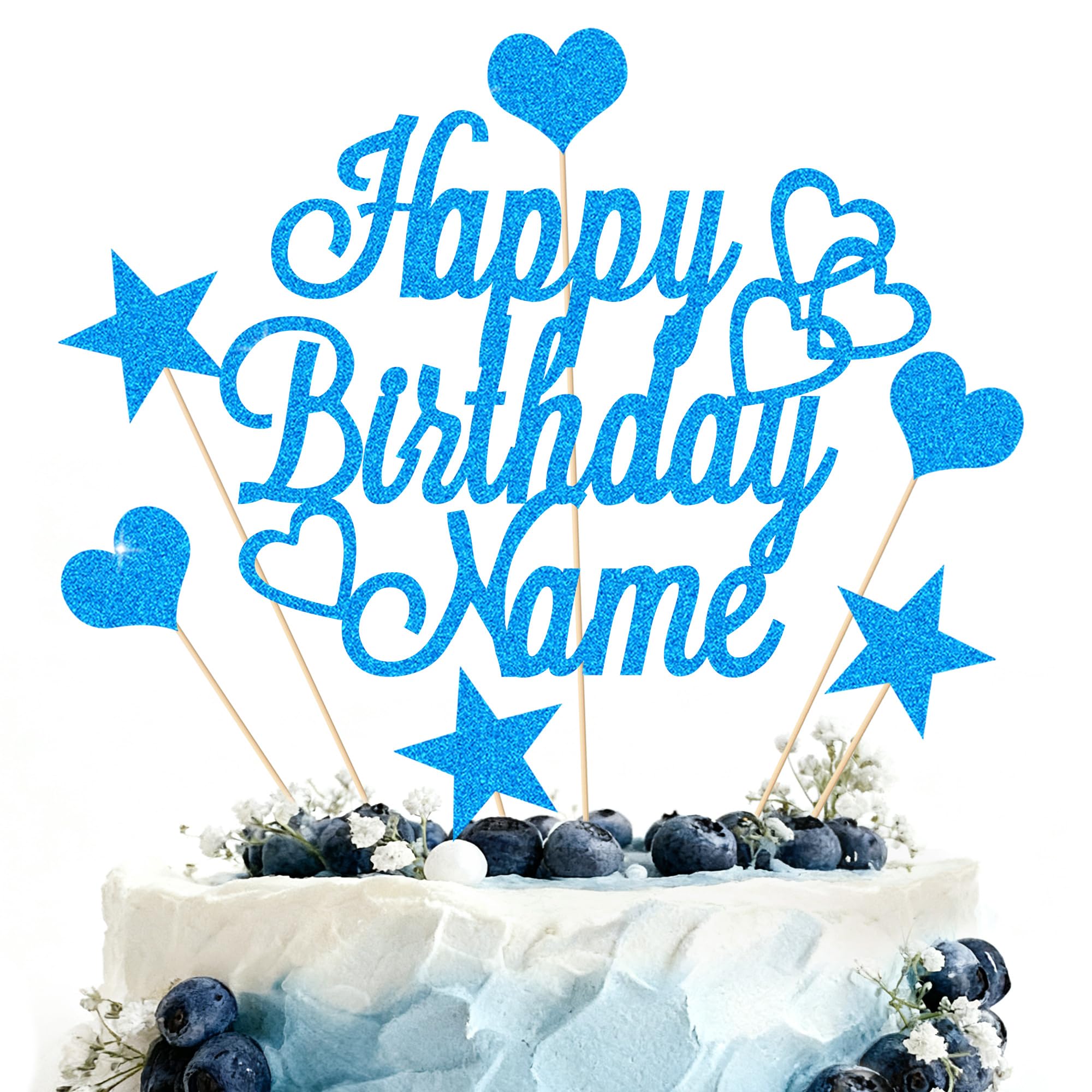 Personalized Happy Birthday Cake Topper | Customized Name Cake Decoration | Double Sided Glitter Card | Blue