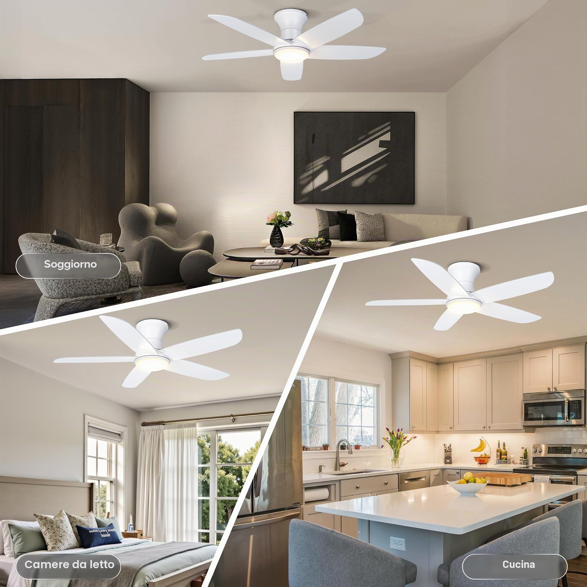 Ohniyou 46 pollici (117 cm) ventilatore da soffitto con Luce, telecomando/controllo app, dimmerabile, silenzioso motore DC, ventilatore a soffitto per camera da letto, terrazza, camera da letto
