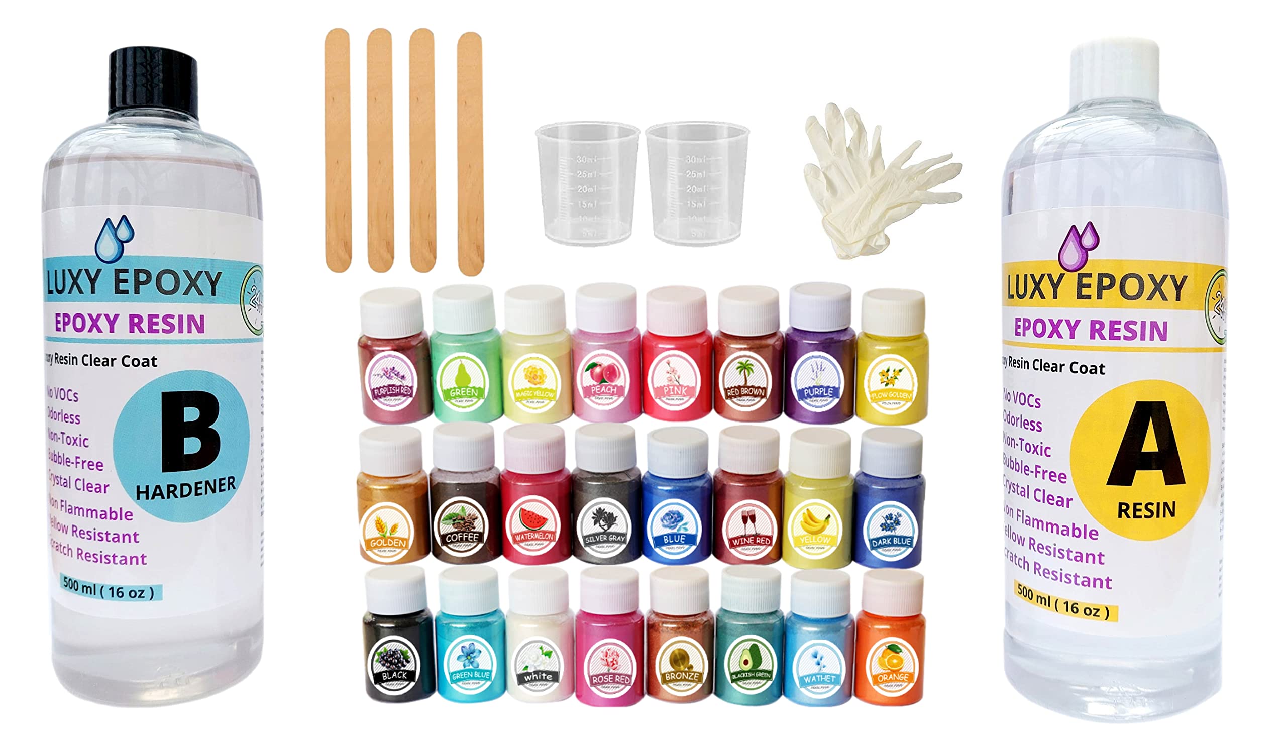 Luxy Epoxy Adhesive All In 1 Resin Clear Crystal Kit 1Kg (1000ml + 24 Pigment) Epoxy Resin Starter Kits for Beginners, Art, Craft, Jewelry Making