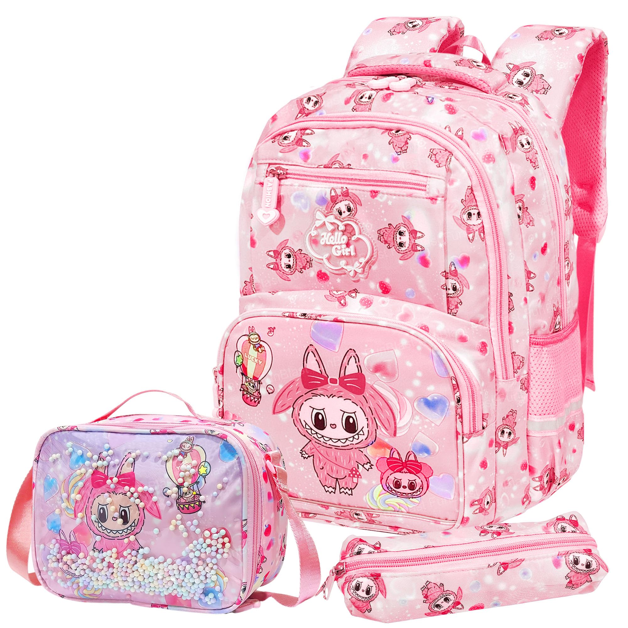 Kids Backpack Set – School Bag Combo for Girls with Pencil Case & Lunch Bag, 16.5 Inch Lightweight & Spacious Backpack, Kawaii Bag for Middle and Elementary School; 3 PCS Set (Pink)-image-8