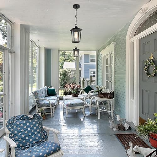 Miniatura 3 de Lámpara colgante para exteriores, luces colgantes antioxidantes para exteriores con cadena ajustable, luz de techo negra para exteriores con vidrio