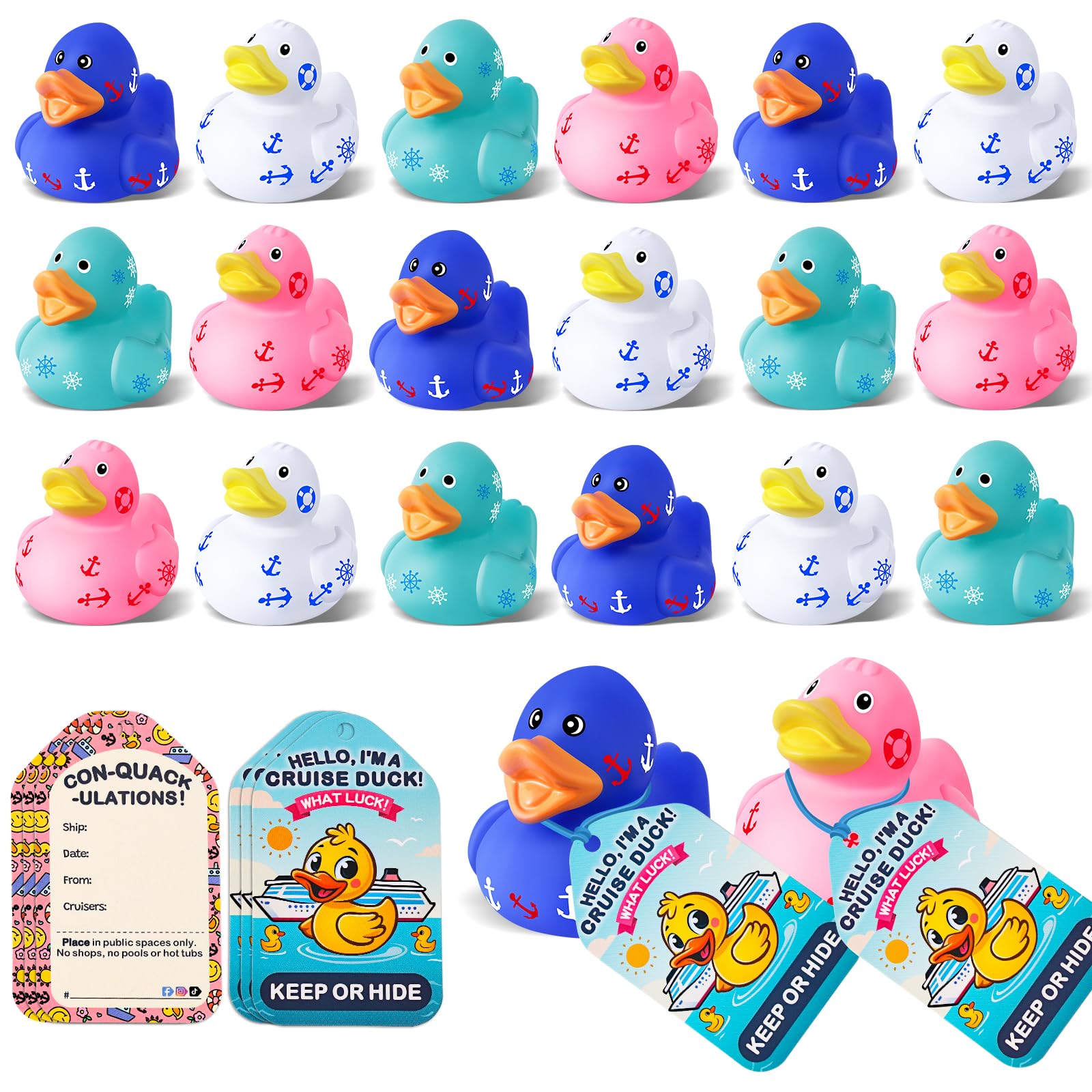 ANGGIKO 60 Pack Cruise Rubber Duck Kits Includes 20 Pcs Rubber Cruise Ducks, Tags and Rubber Bands, Cruise Ships Hiding Ducks, Summer Carnival Game Rewards, Bath Swimming Beach Pool Toys