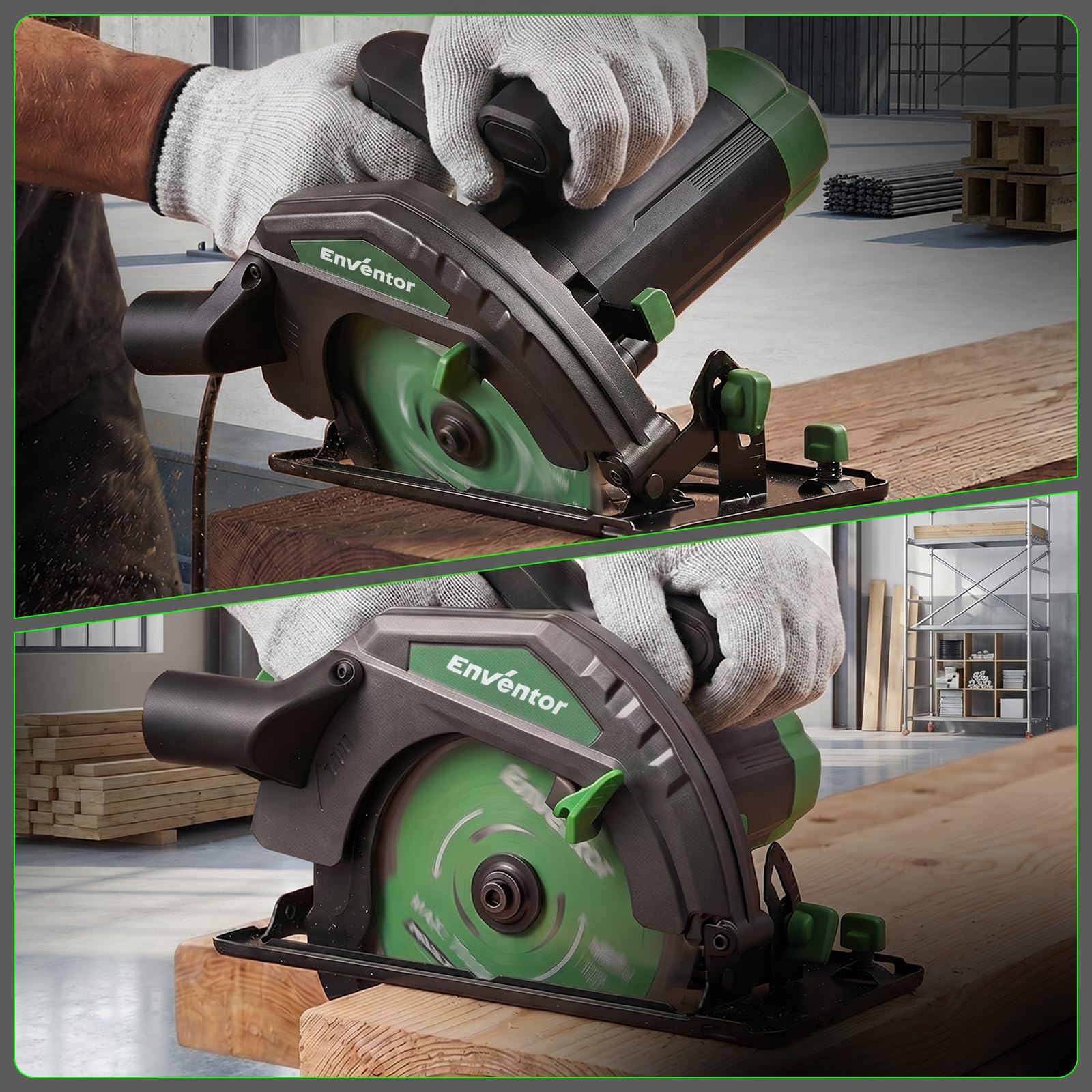 ENVENTOR 1300W Scie Circulaire, Filaire, Moteur Puissant | 5000RPM Scies Circulaires Électriques, coupe 65 mm (90 °), 44 mm (45 °), (Diamètre de Lame de Scie : 185 mm), pour Bois, PVC