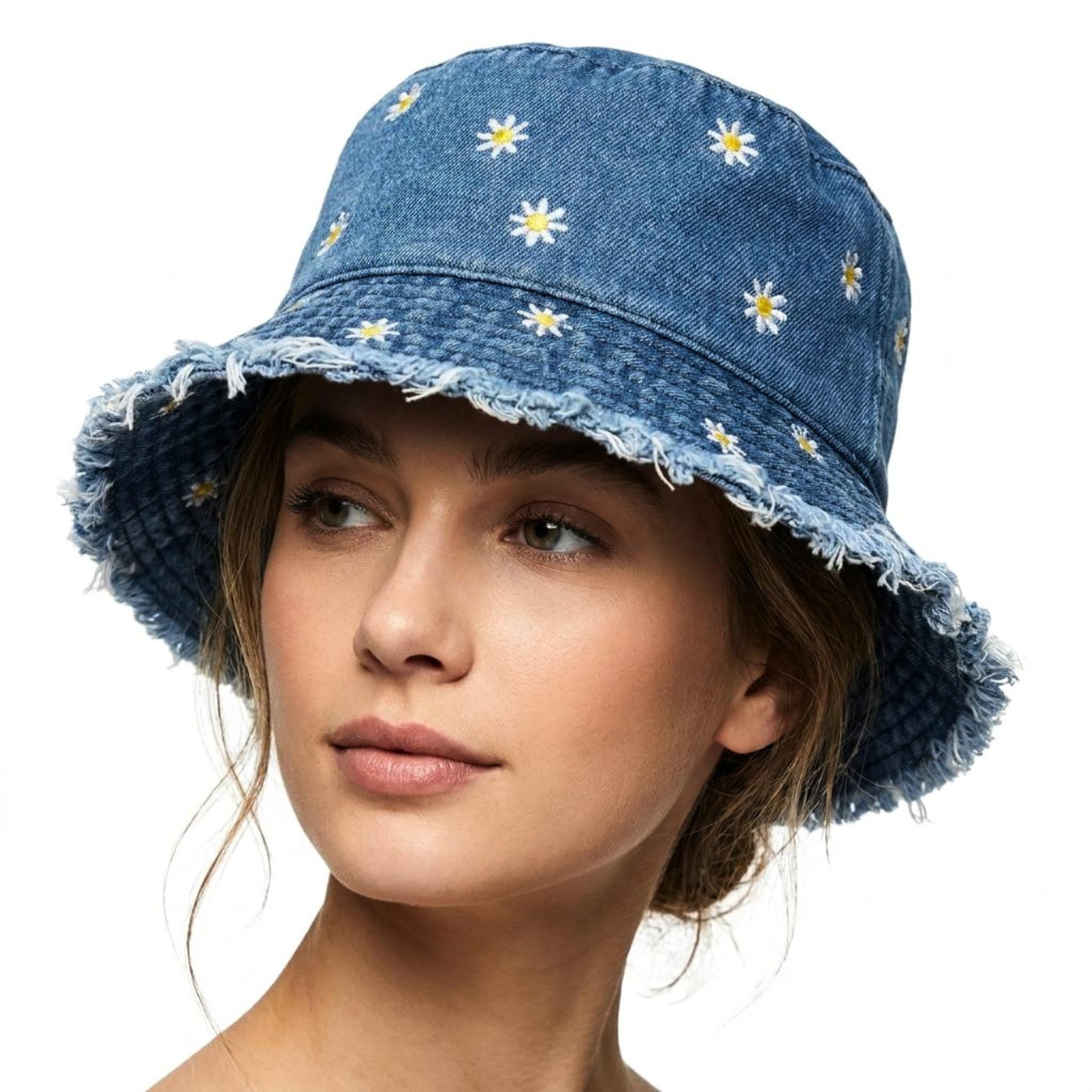 Denim Bucket Hat for Women & Girls | Embroidered Daisy Floral Sun Hat with Trendy Frayed Edge Brim | Packable Retro Beach Wear & Summer Travel Cap, Free Size, Blue-image-40