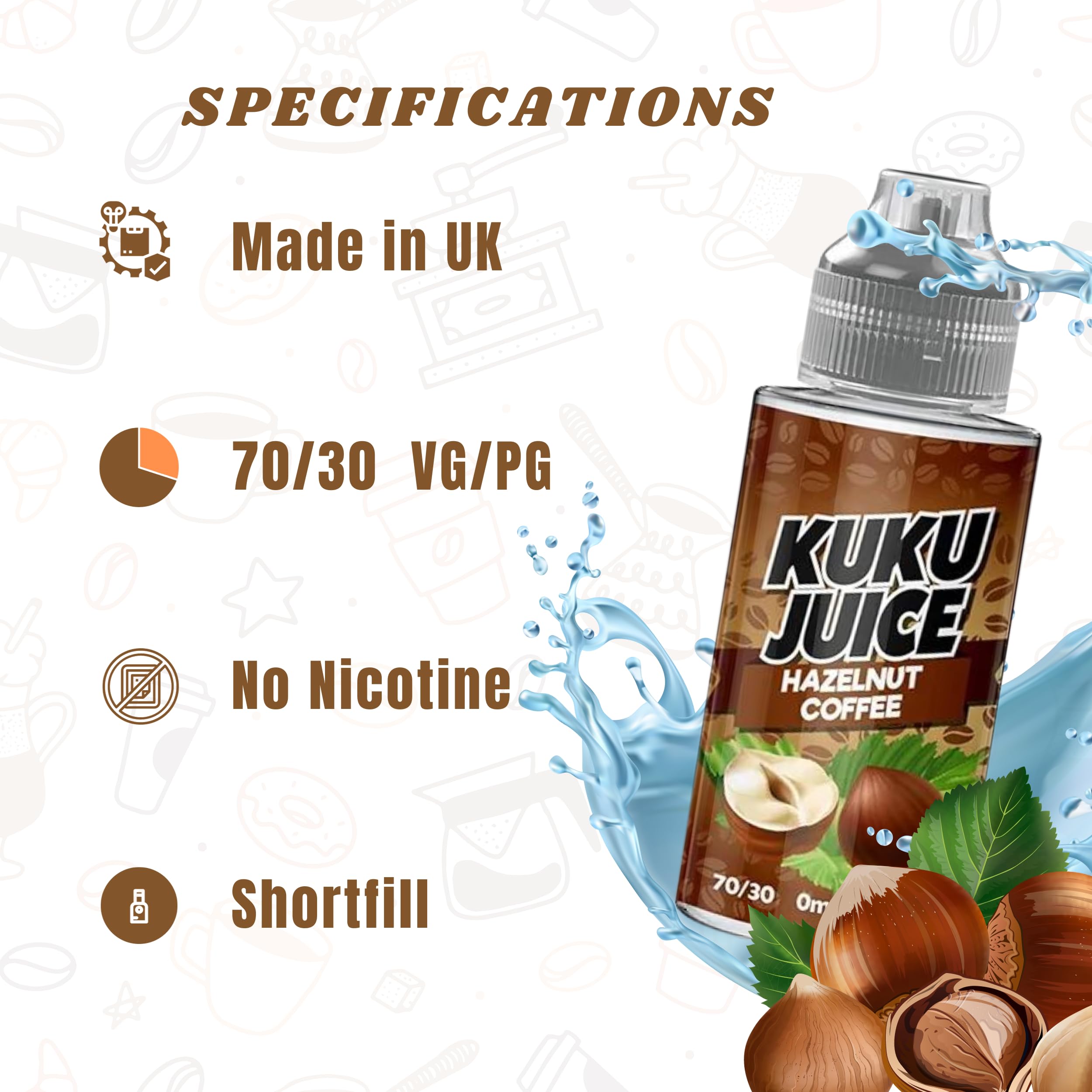 KUKU JUICE E liquid Hazelnut, French Vanilla, Mocha & Cara Coffee (crafted  with 70VG/30PG blend) 4 x 100ML Short Fills 'Nicotine Free': Amazon.co.uk:  Electronics & Photo