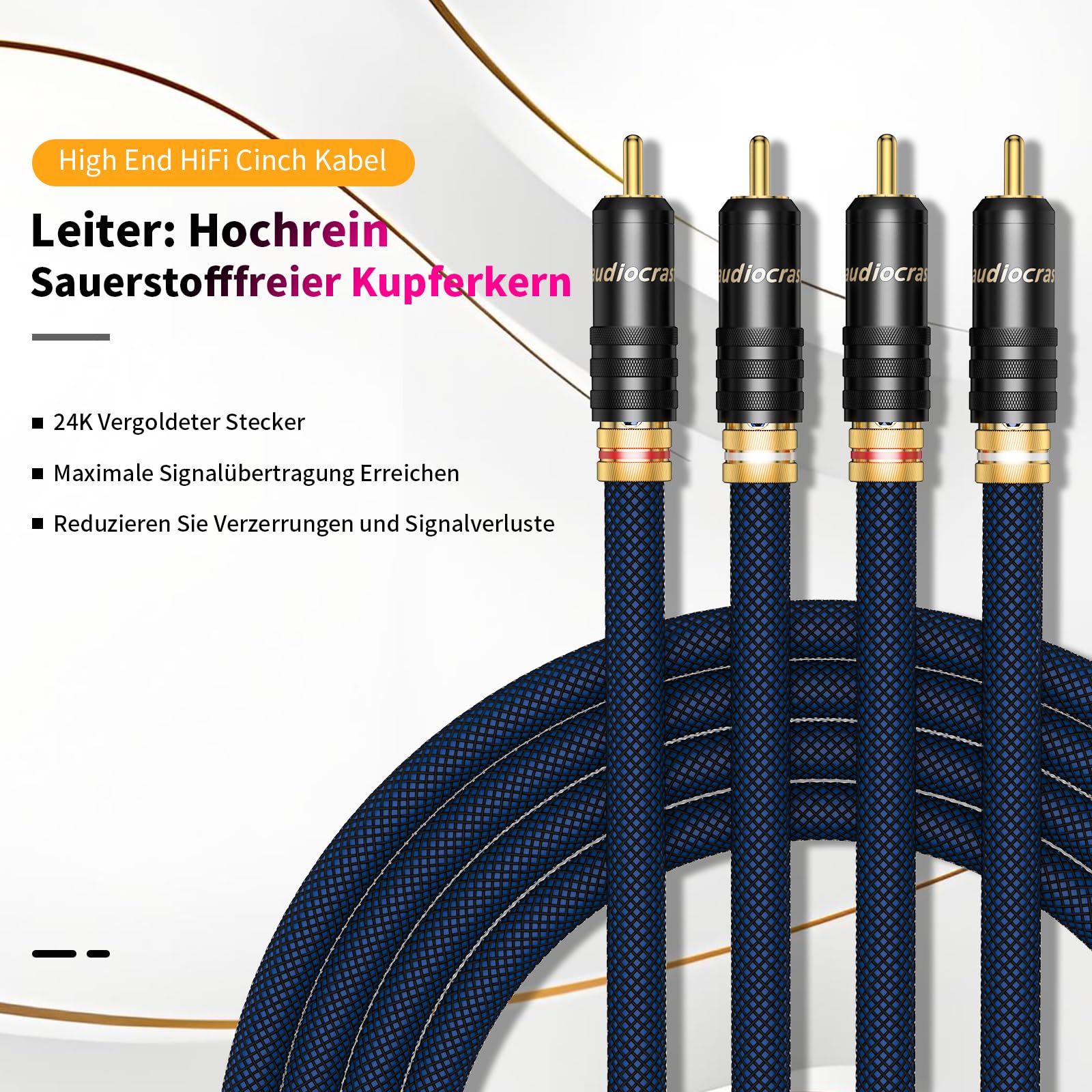 Tertullus High-End kabel cinch 1,5 m kabel cinch, OFC posrebrzany przewód z podwójnym ekranowaniem, 2 wtyczki cinch na 2 wtyczki cinch, kabel sygnałowy Hi-Fi do CD, wzmacniacza, audio, dekodera