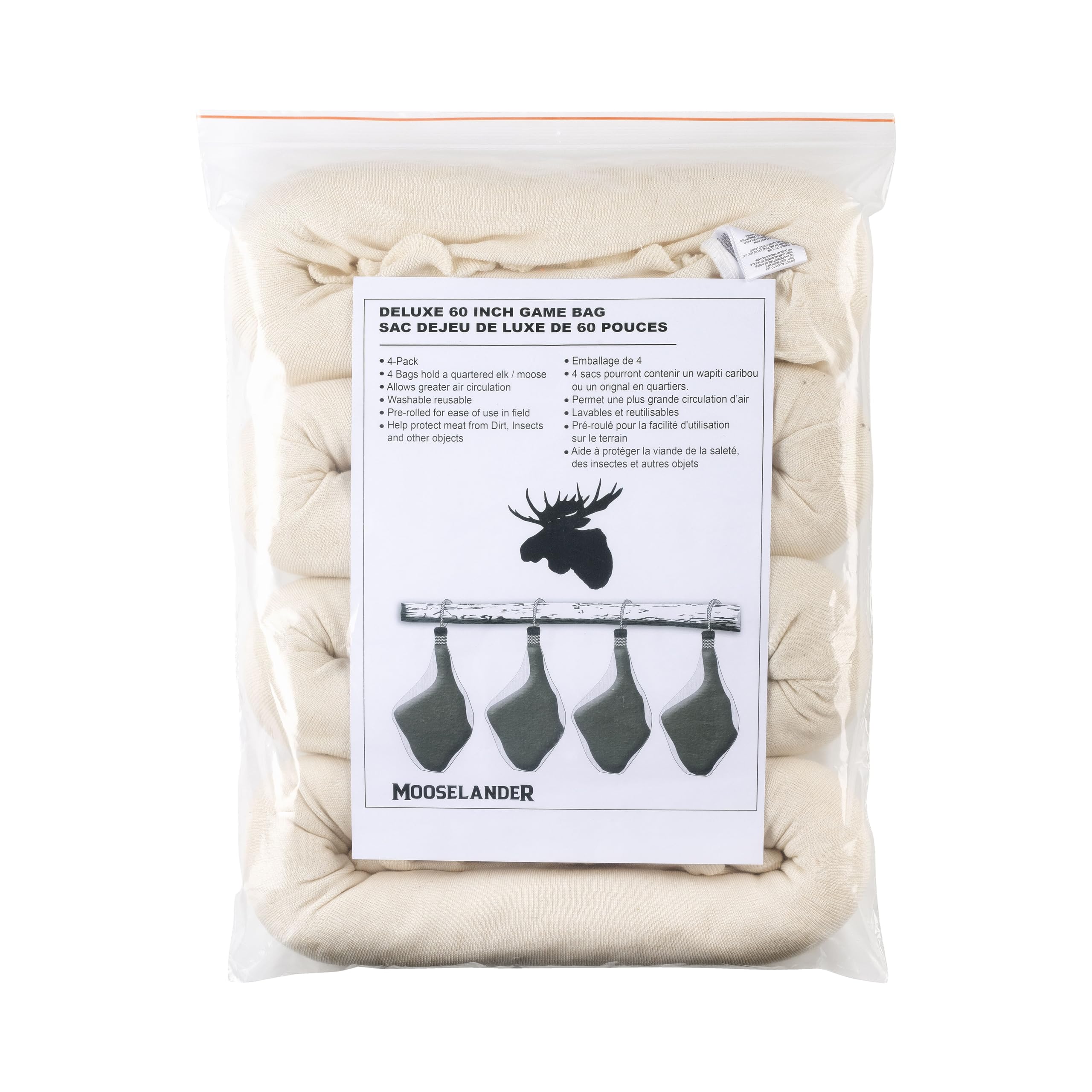 Mooselander Reusable Game Bags for Meat Storage (4-Pack) - Breathable, Washable, Durable - Ideal for Deer and Elk Hunting (60IN)