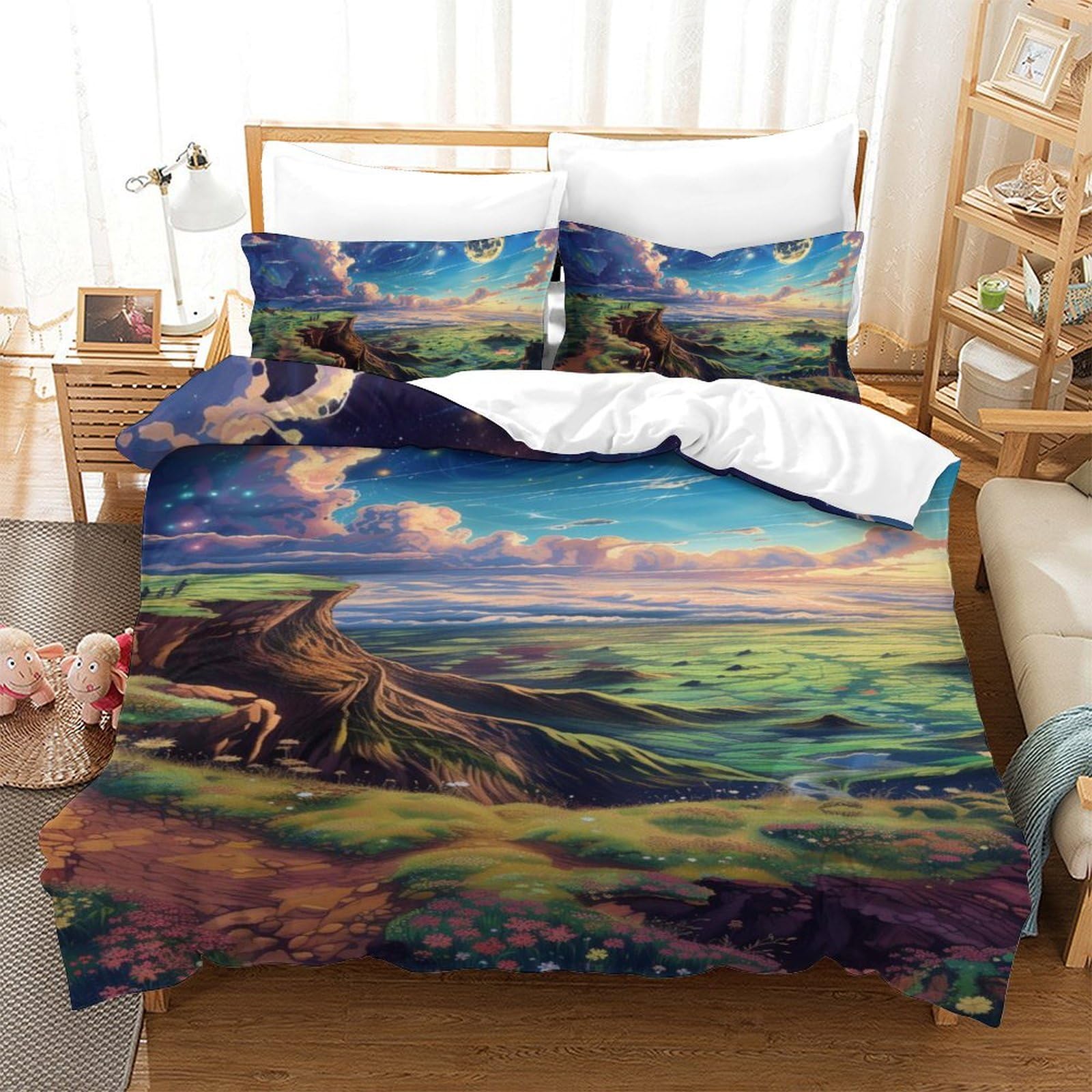 Housse de couette planète bleue motif 3D avec ses taies d'oreiller pour parure de lit 1 personne