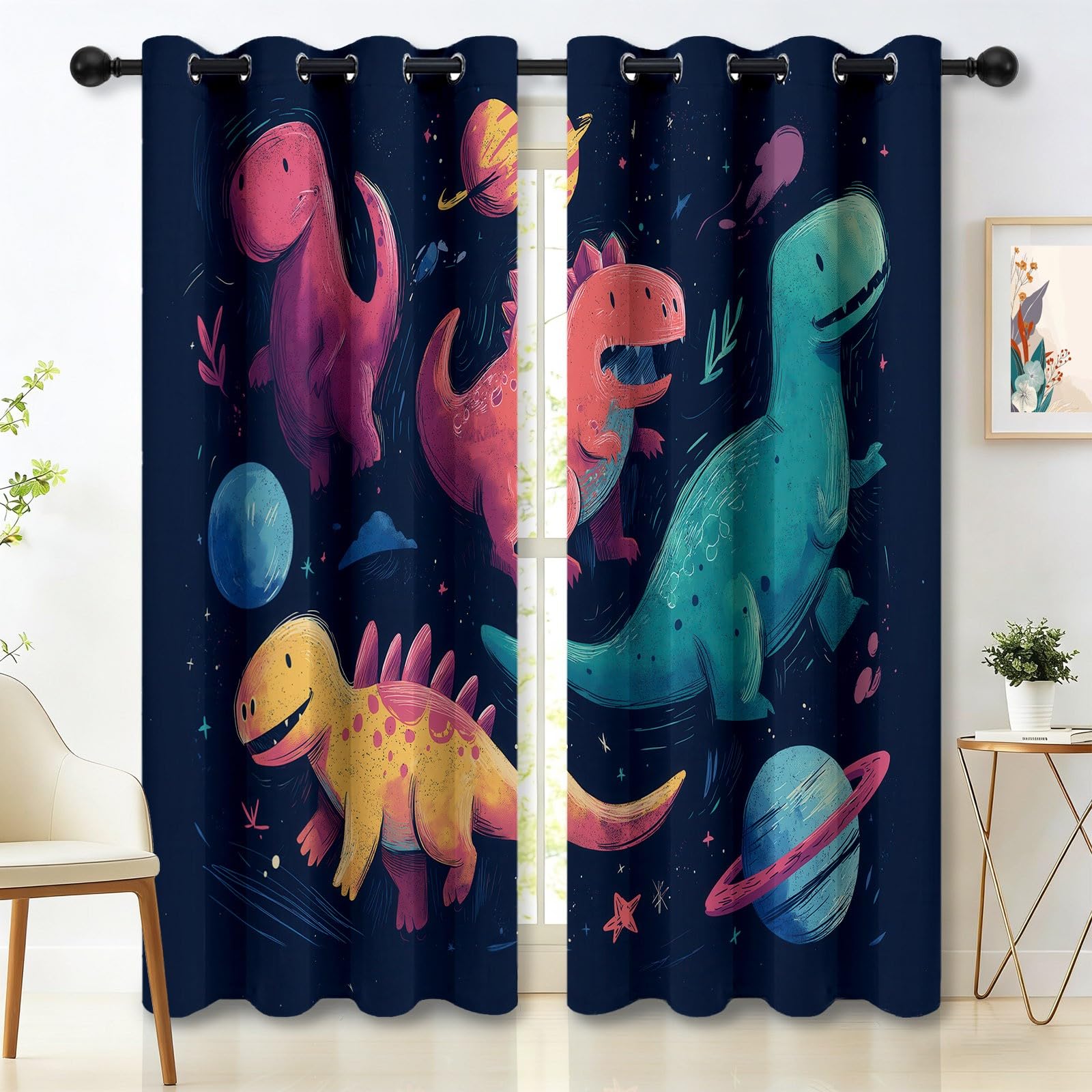 Isolant Anti-Froid Épais, Rideaux Thermiques 91.5L X 160H cm (2 Panneaux), Dinosaure De Dessin Animé Espace pour Chambre d'enfant, Coloré