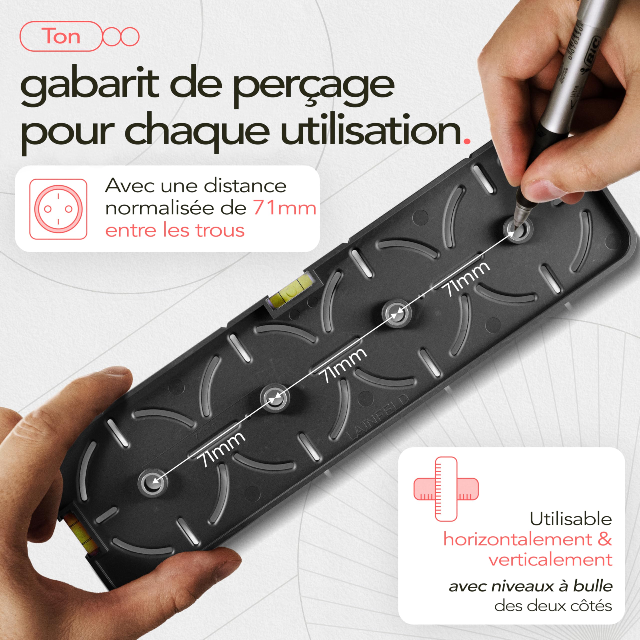 LAINFELD Gabarit de perçage pour prises | Incl. niveau à bulle | Niveau à bulle pour électriciens pour prise encastrée, boîtier encastré, boîtier à encastrer, boîtier à châssis de base