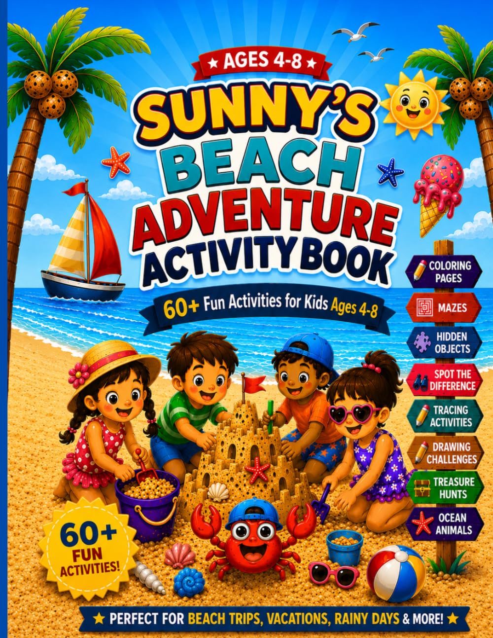 Sunny's Beach Adventure Activity Book for Kids Ages 4–8: Beach Vacation Activity Book for Kids with 60+ Mazes, Hidden Objects, Tracing Activities, Treasure Hunts, and More