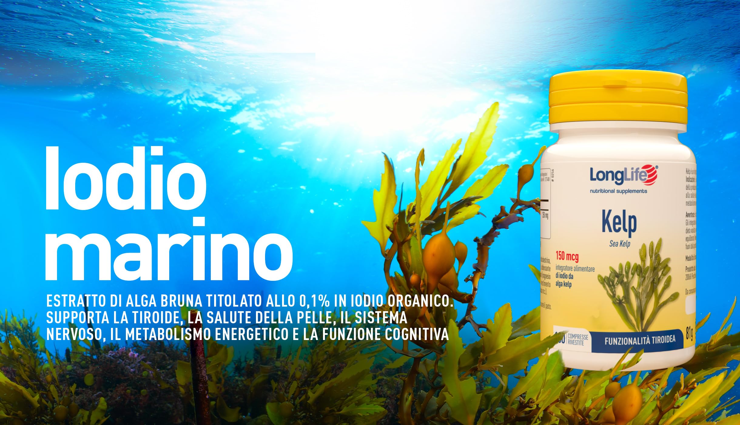 LongLife® Kelp | Integratore di iodio da alga bruna Fucus vesiculosus titolata allo 0,1% | Benessere tiroideo | Metabolismo energetico | 180 compresse | Senza glutine e doping free
