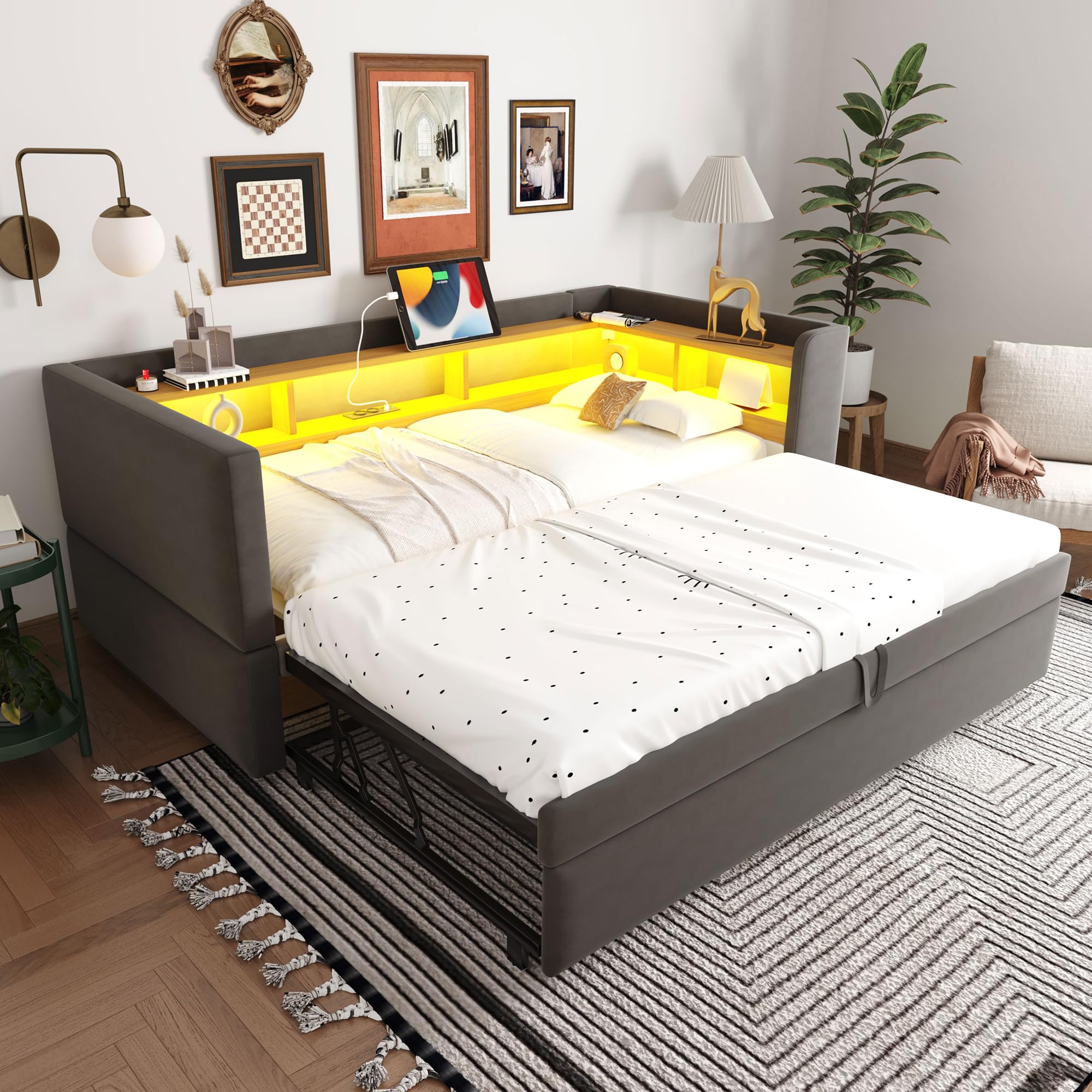 Letto imbottito divano letto estraibile 90/180 x 190 cm, letto singolo con prese LED USB, letto giorno con molti scomparti, flanella, senza materasso (grigio scuro)