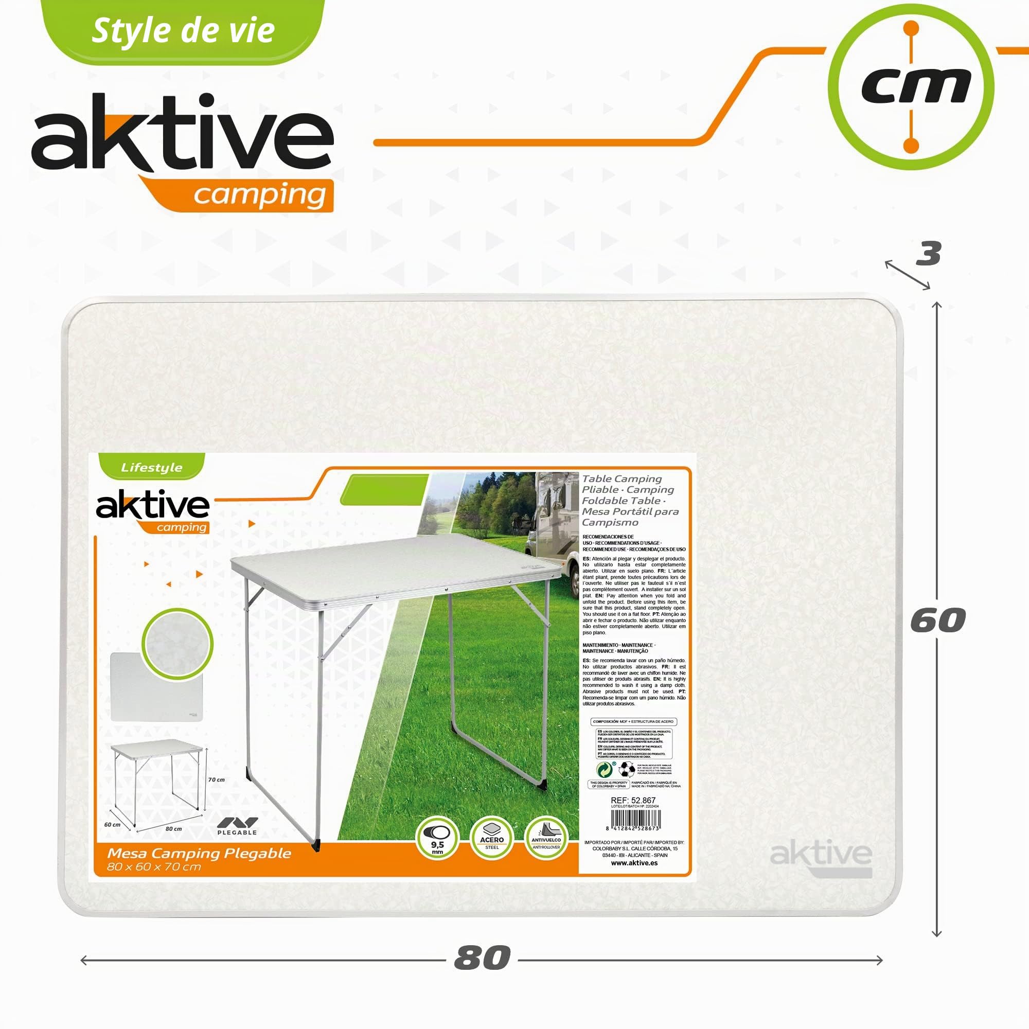 Aktive 52867- Table pliante, camping, plage, table portable, blanche, acier, robuste, 80x60x70 cm
