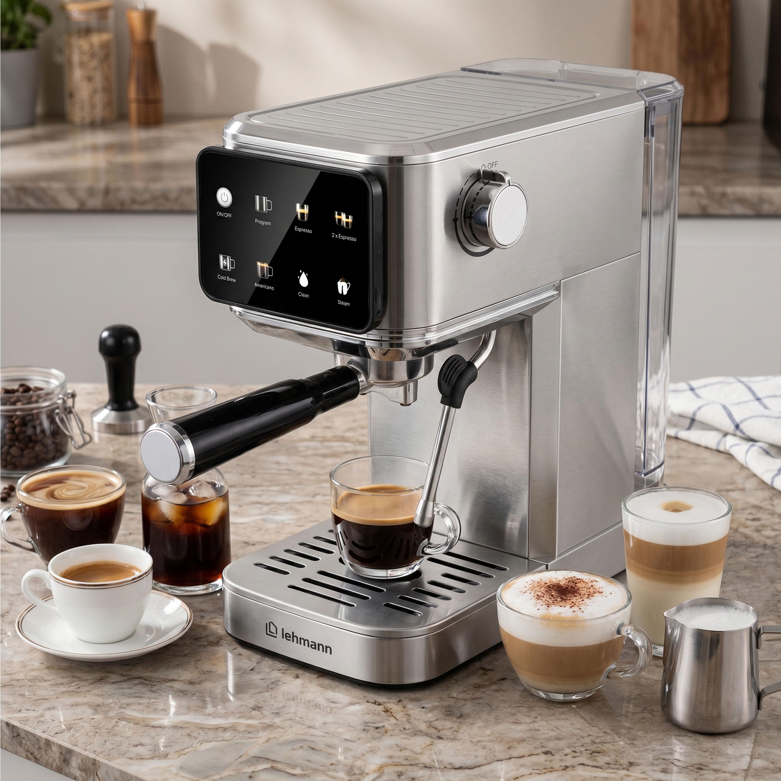 LEHMANN Bellagio Macchina Espresso 20 Bar con Montalatte | Per caffè macinato e capsule da 37 mm, display LCD touch, Cold Brew, Americano, serbatoio acqua 1,2 L
