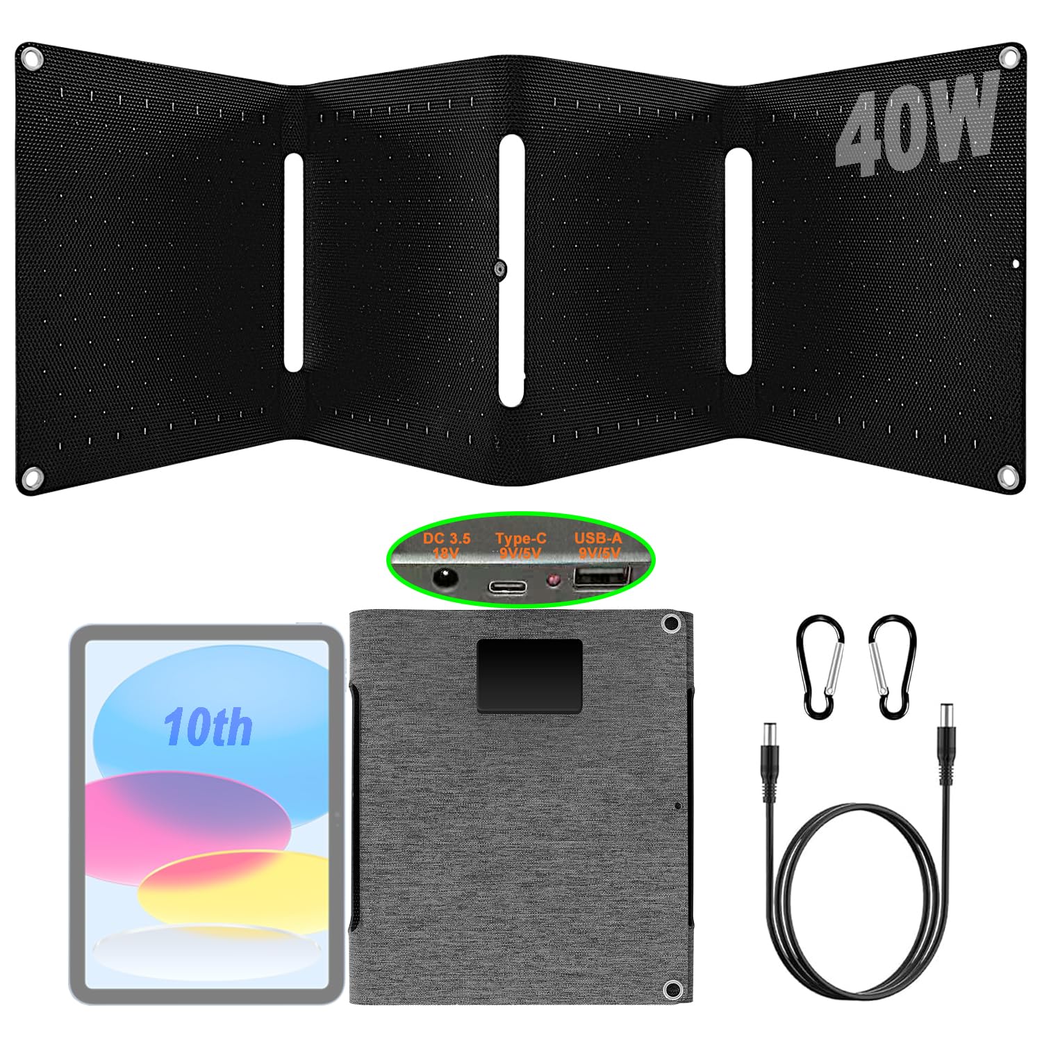 40W Solarpanel Faltbar，Mini Tragbares Solarpanel mit DC & USB-C/USB-A mit robuster Beschichtung & IPX5 in Buchgröße für iPhone, iPad, Powerbank, Camping, Wandern, Outdoor Reisen