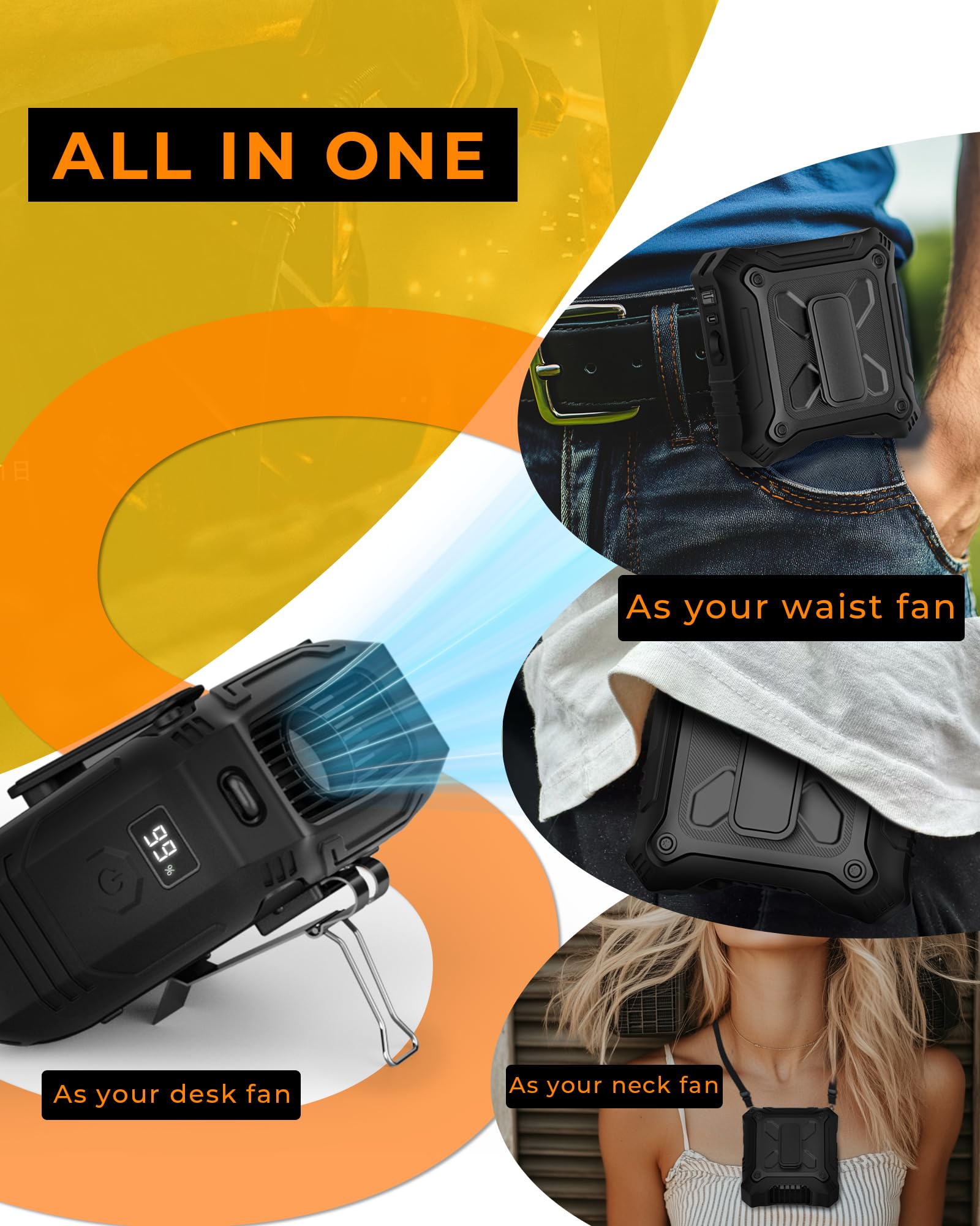 Ventilador portátil con ajustes de 5 velocidades, clip de doble cara en el cinturón portátil para 8000 mAh, 2 ajustes incluyendo linterna, esencial de viaje para acampar al aire libre como 7