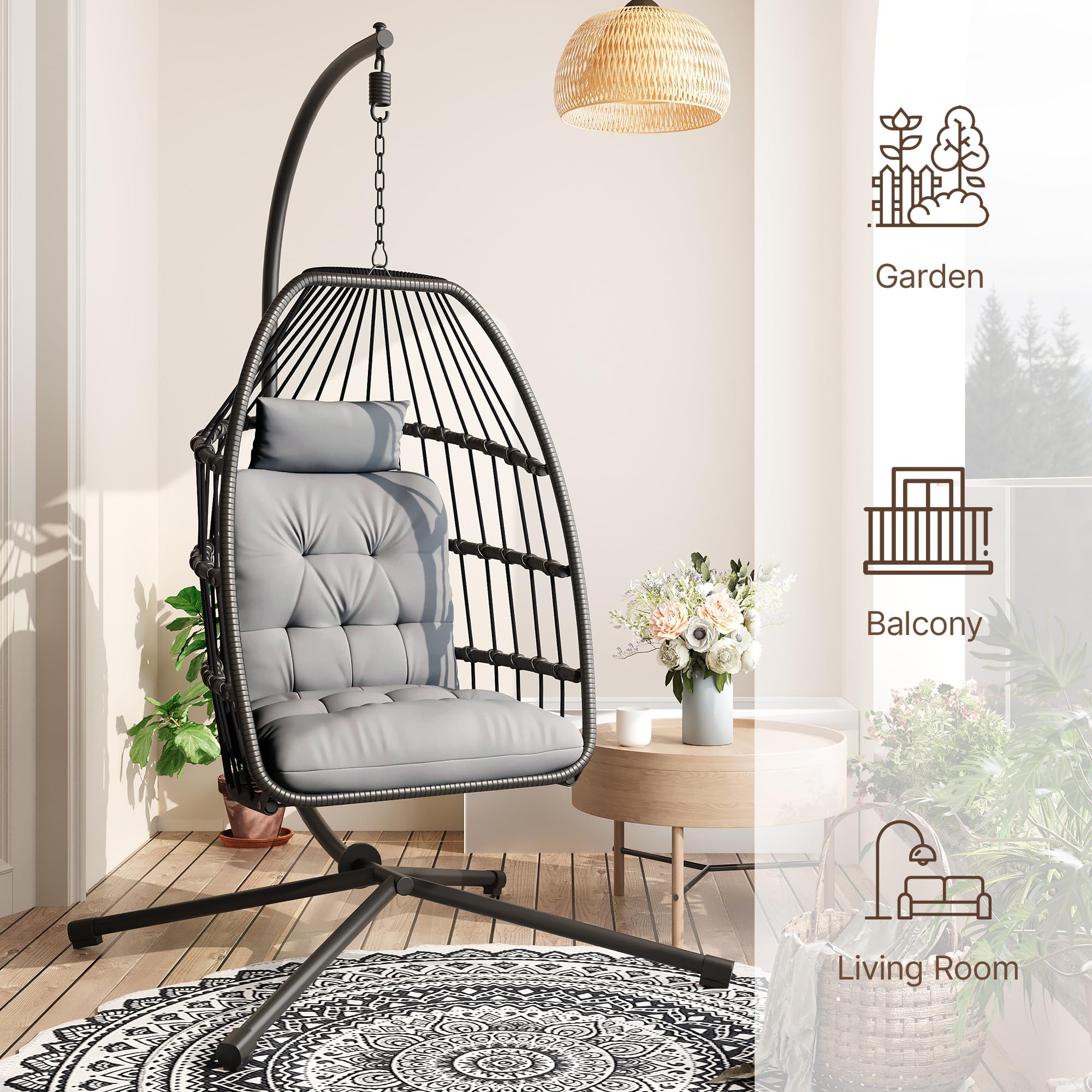 Xbro Silla Colgante de Exterior, Silla Colgante Huevo con Estructura de Acero y 4 Pies en Base, Columpio Jardin Exterior/Interior, Plegable, Capacidad 160Kg - Gris
