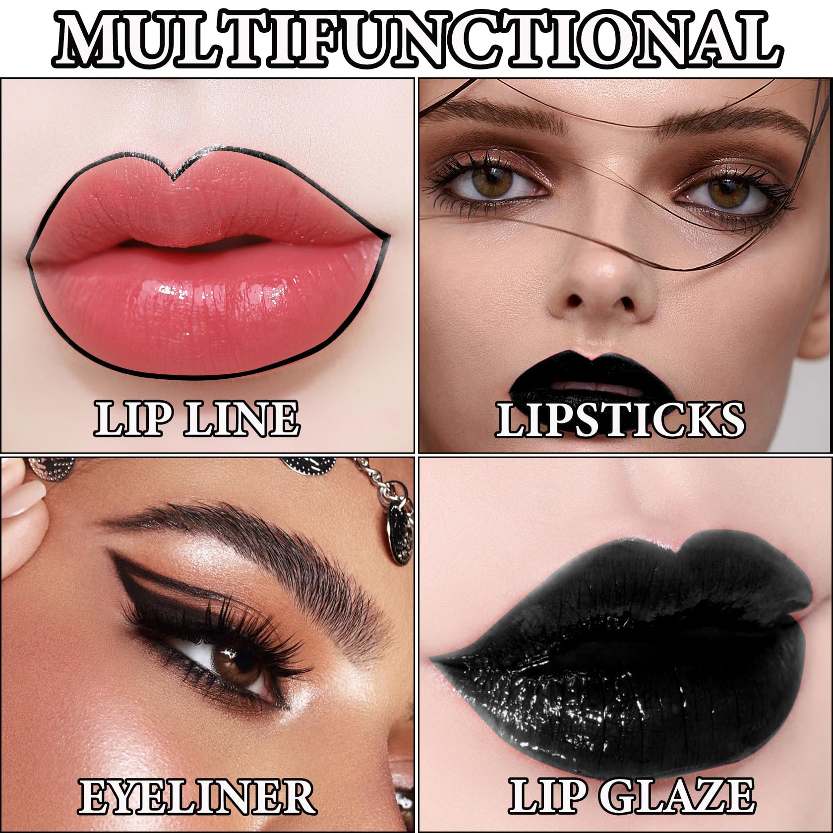 Set mit 3 flüssigen Lippenstiften und Eyelinern, schwarz, matt, hochpigmentiert, schwarzer Lipgloss, seidig, wasserfest, lang