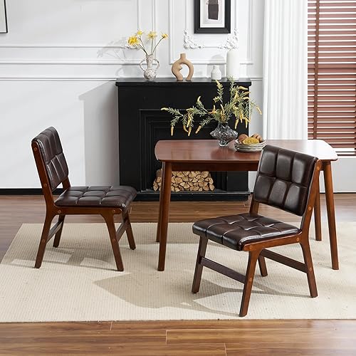 Furniliving Juego de 2 sillas de comedor de madera de roble, sillas de cocina tapizadas de cuero moderno de mediados de siglo, sillas de comedor de