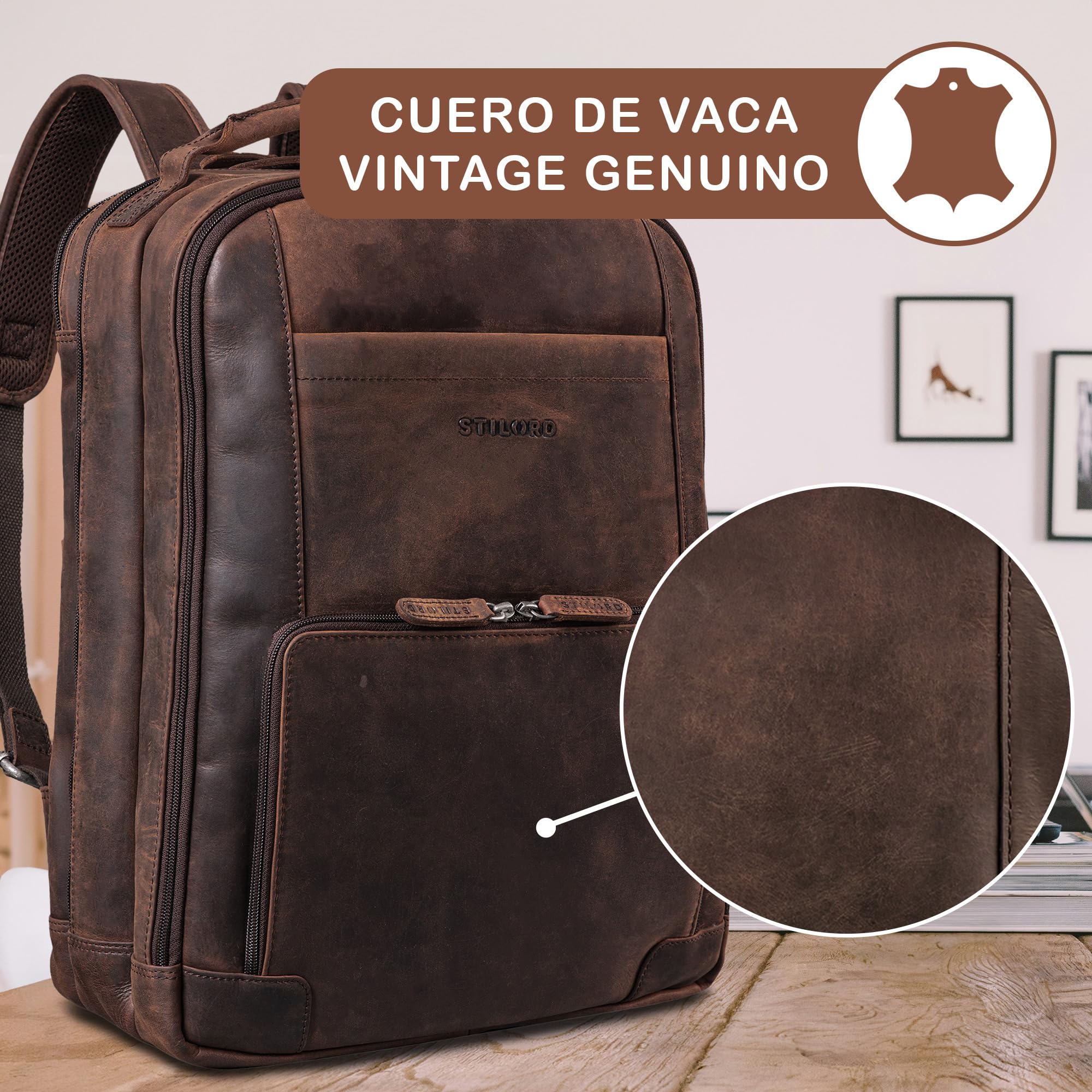 STILORD Harlow Mochila de Cuero XL para Hombres | Gran Mochila Piel de Negocios para Portátil de 15-17 Pulgadas | Sistema de Enganche al Carrito | Cuero Auténtico Color:Zamora - marrón