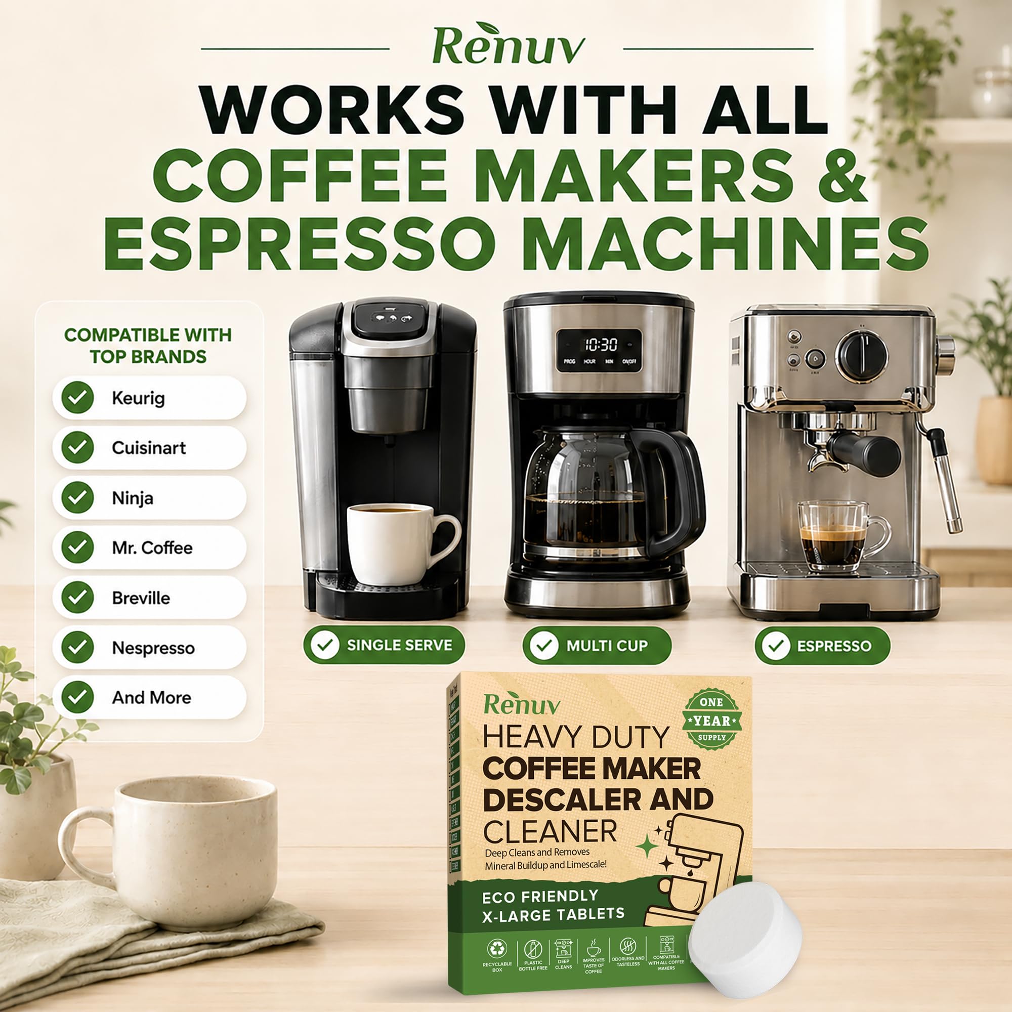 Renuv Pastillas descalcificadoras y limpiadoras para cafetera, suministro de 1 año funciona con Breville, Delonghi, Keurig, Nespresso, Miele, Ninja, Jura, Mr Coffee, cafetera Cuisinart y máquinas de