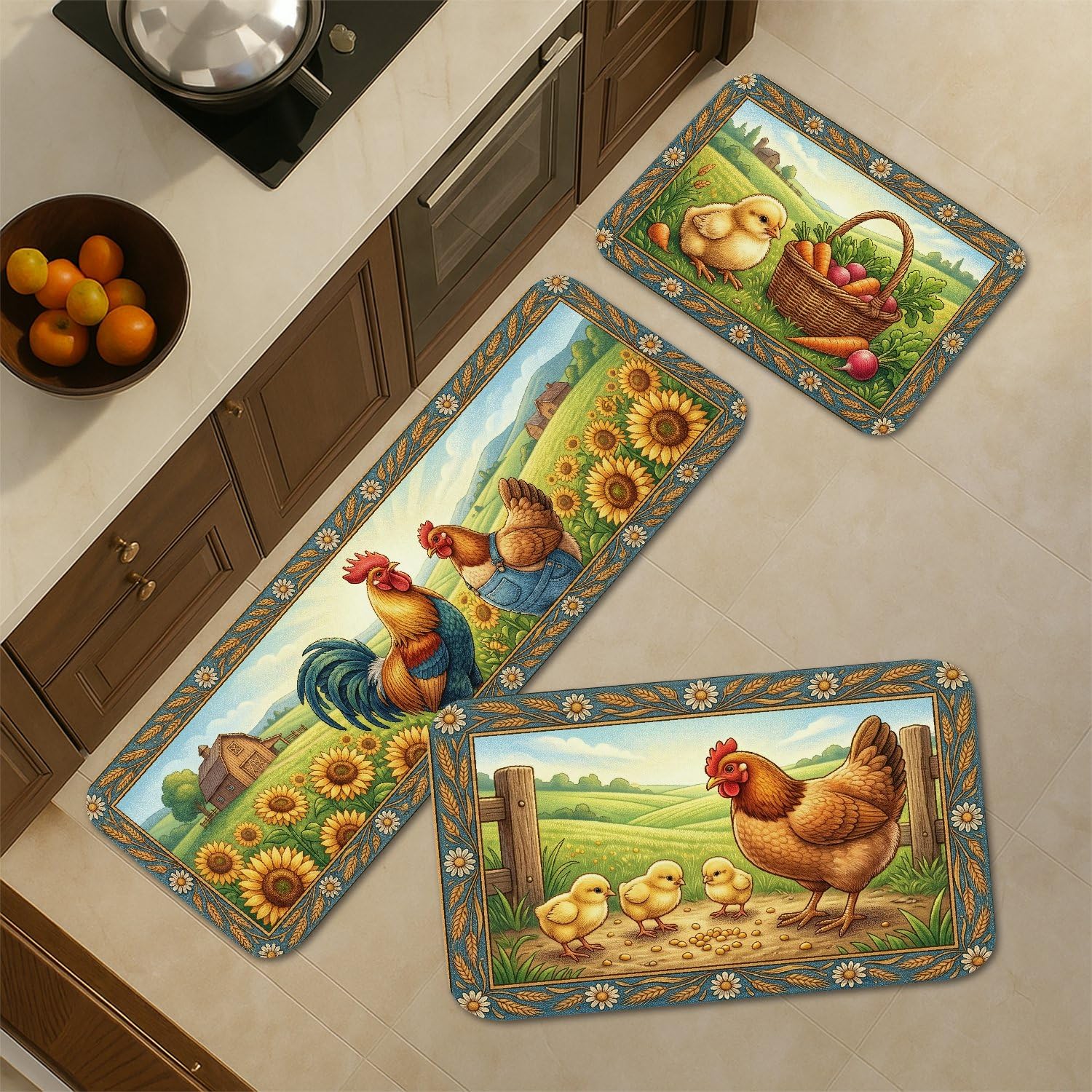 Tappetini da cucina per pavimento, motivo pollo, decorazione rustica con gallina e girasole, morbidi tappeti imbottiti a molla, comodi tappetini lavabili per lavelli da cucina, lavanderia e bagno, 3