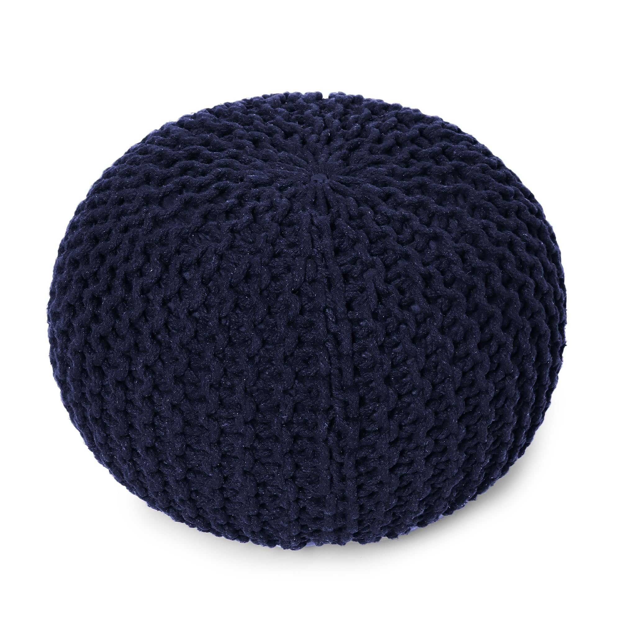 REDEARTH Round Pouf Foot Stool Bean Bag Ottoman - Cable Knitted Cord Boho Pouffe - Poof Accent Bean Bag - Handmade by Artisans for Living Room - Bedroom (19.5"x19.5"x14") - Navy Blue
