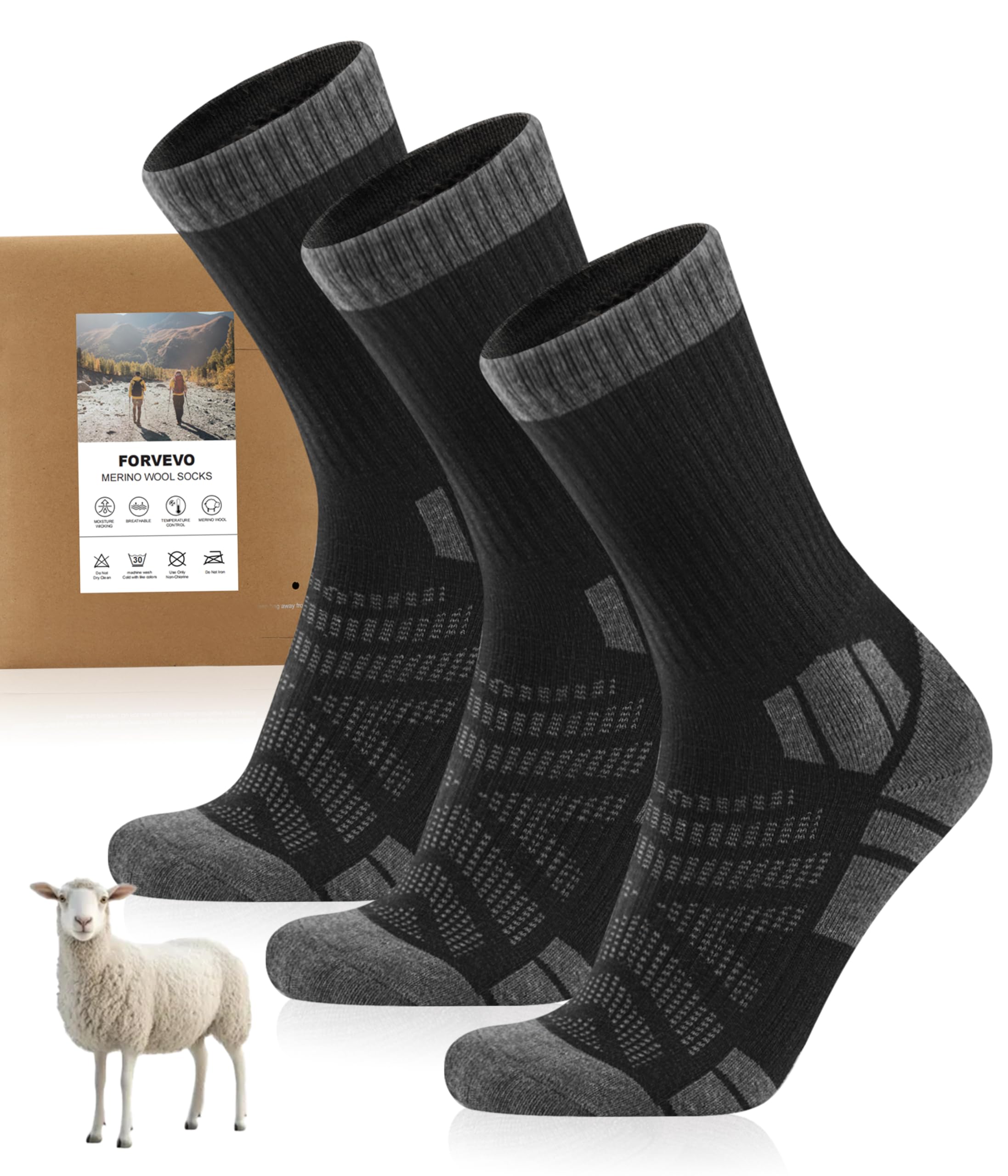 FORVEVO Merino Wandersocken Herren Damen 3 Paar, 60% Wollsocken Herren Gepolstert, Thermo Wintersocken, Sportsocken für Trekking Outdoor
