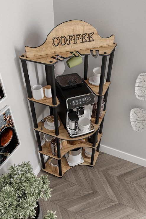 DOPPIO Coffee Corner – Retro Design Wooden Station, Durable 3 Tiers Shelf Made of MDF Material, Suitable for All Coffee Machines, Aesthetic and Functional Design (Oak)