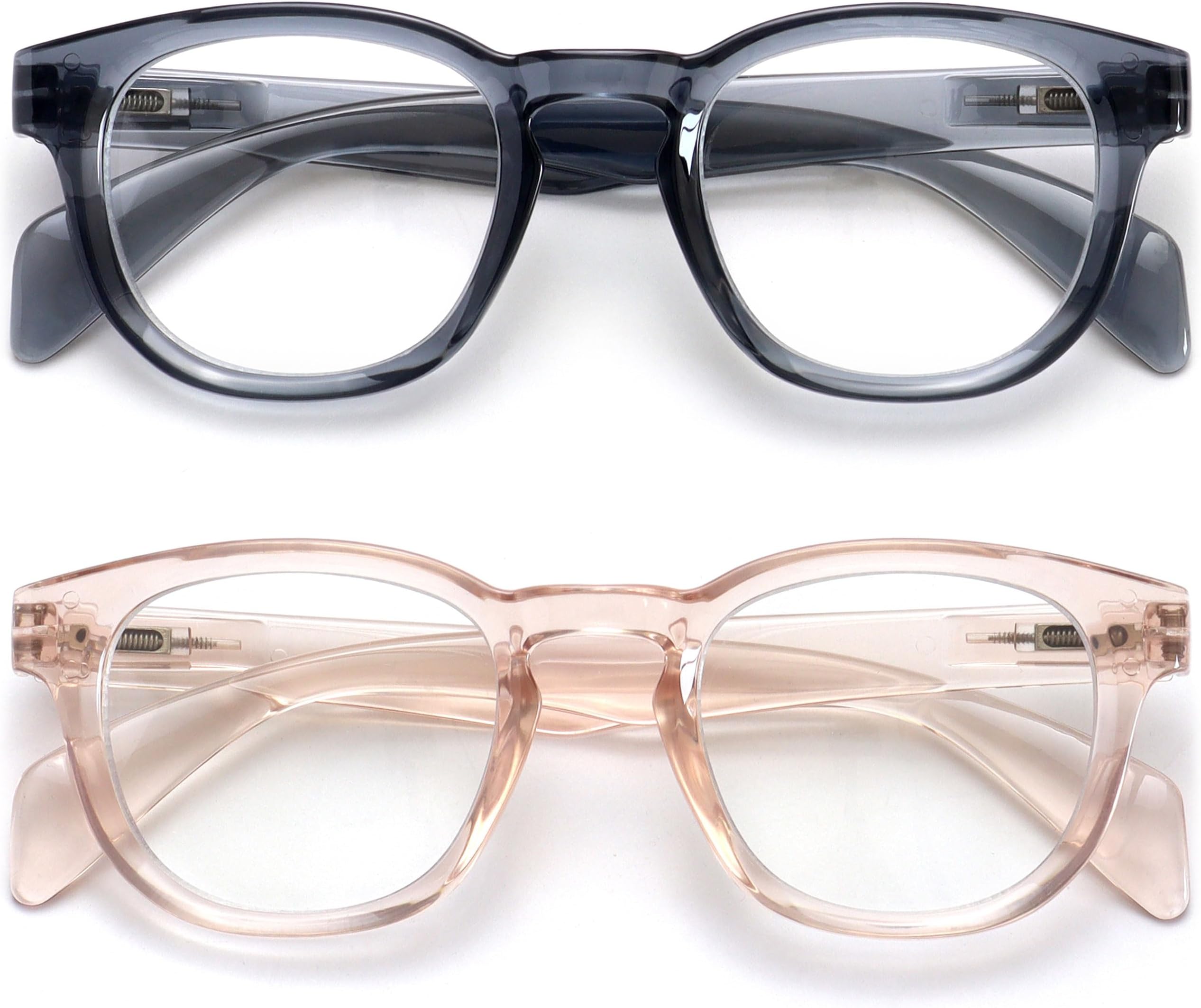 OPULIZE AWE Reading Blue Light Blocking Glasses for Women Men - 2 Pack - Retro Round - Anti-Glare Computer & Gaming Eyewear -UV & Eyestrain Protection - Blue Pink Transparent +1.00, (Pack of 2)