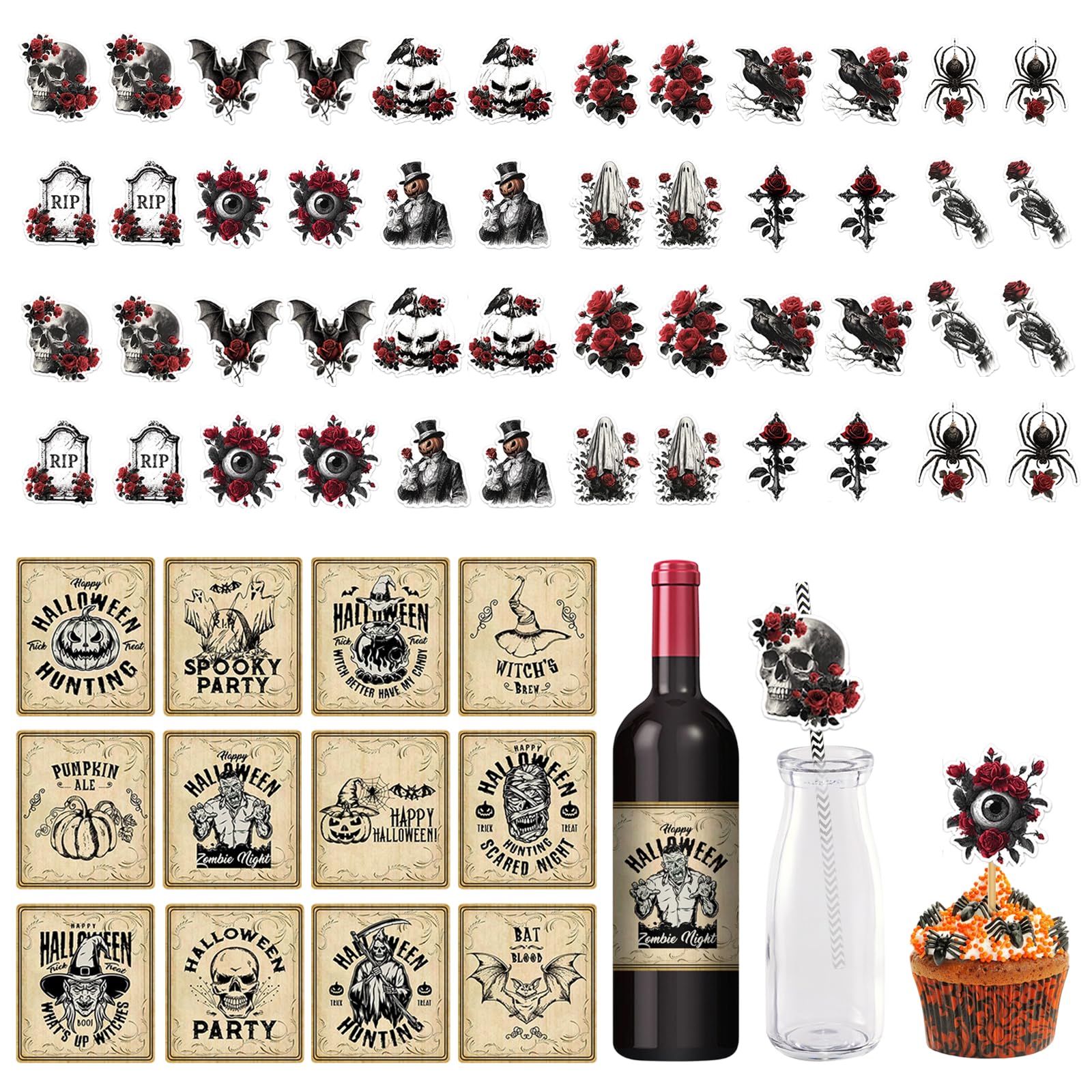 UJBVCX 60 Piece Halloween Decorations, Personalised Cake Toppers Cupcake Toppers For Halloween, Wine Bottle Labels, Cake Flag and Goth Straw, for Halloween Party Decor Retro Goth Supplies