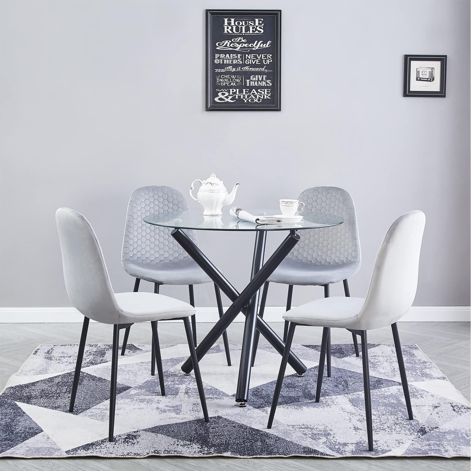 5Piece Round Glass Dining Table Set, Compact MidCentury