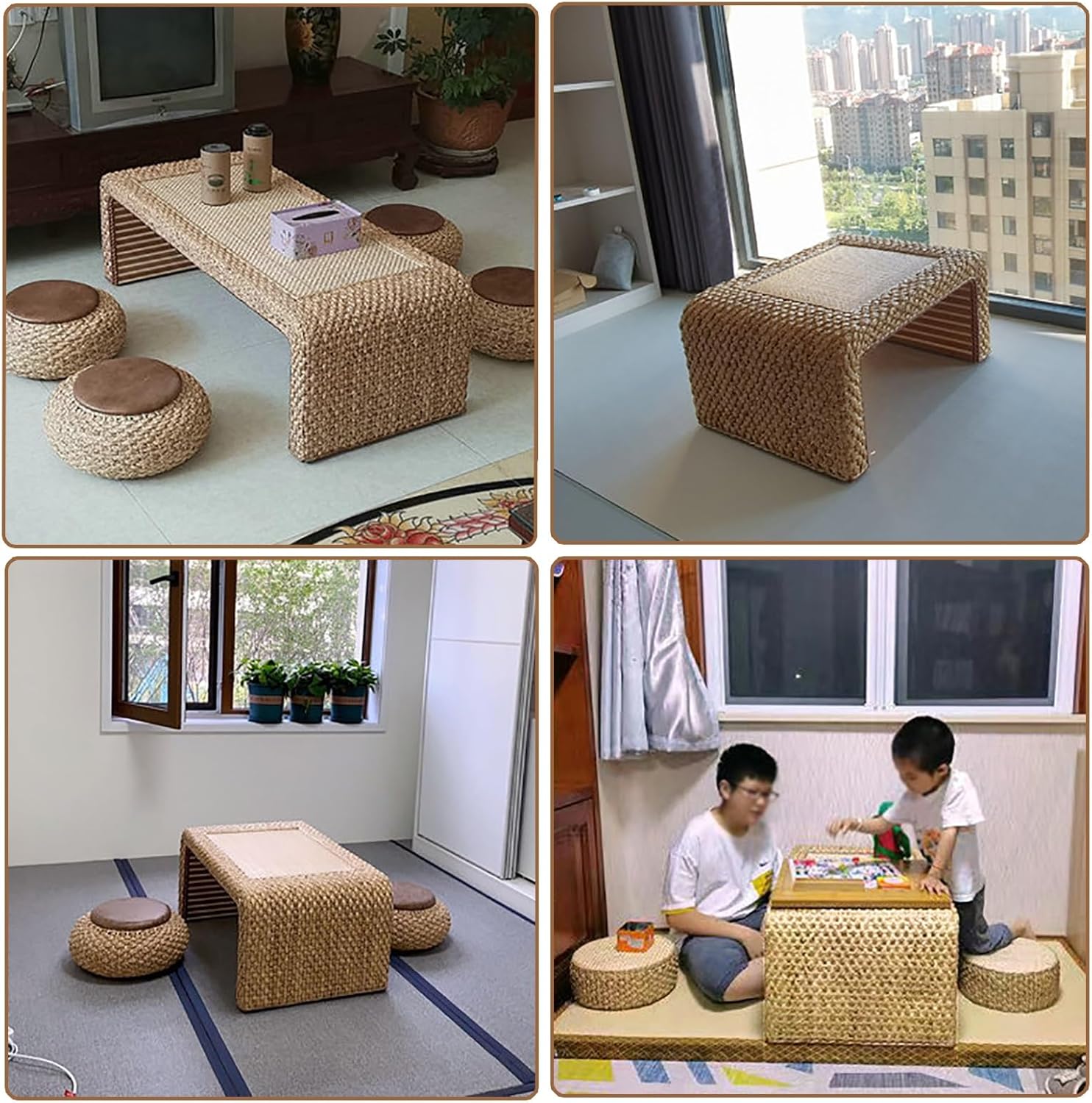 JHDXL Vintage Solid Wood Tatami Table - Japanese Floor Table, Rattan Floor, for Living Room Meditation Tea Room Tatami Dining, No Assembly(60 * 45 * 30cm/24 * 18 * 12in)