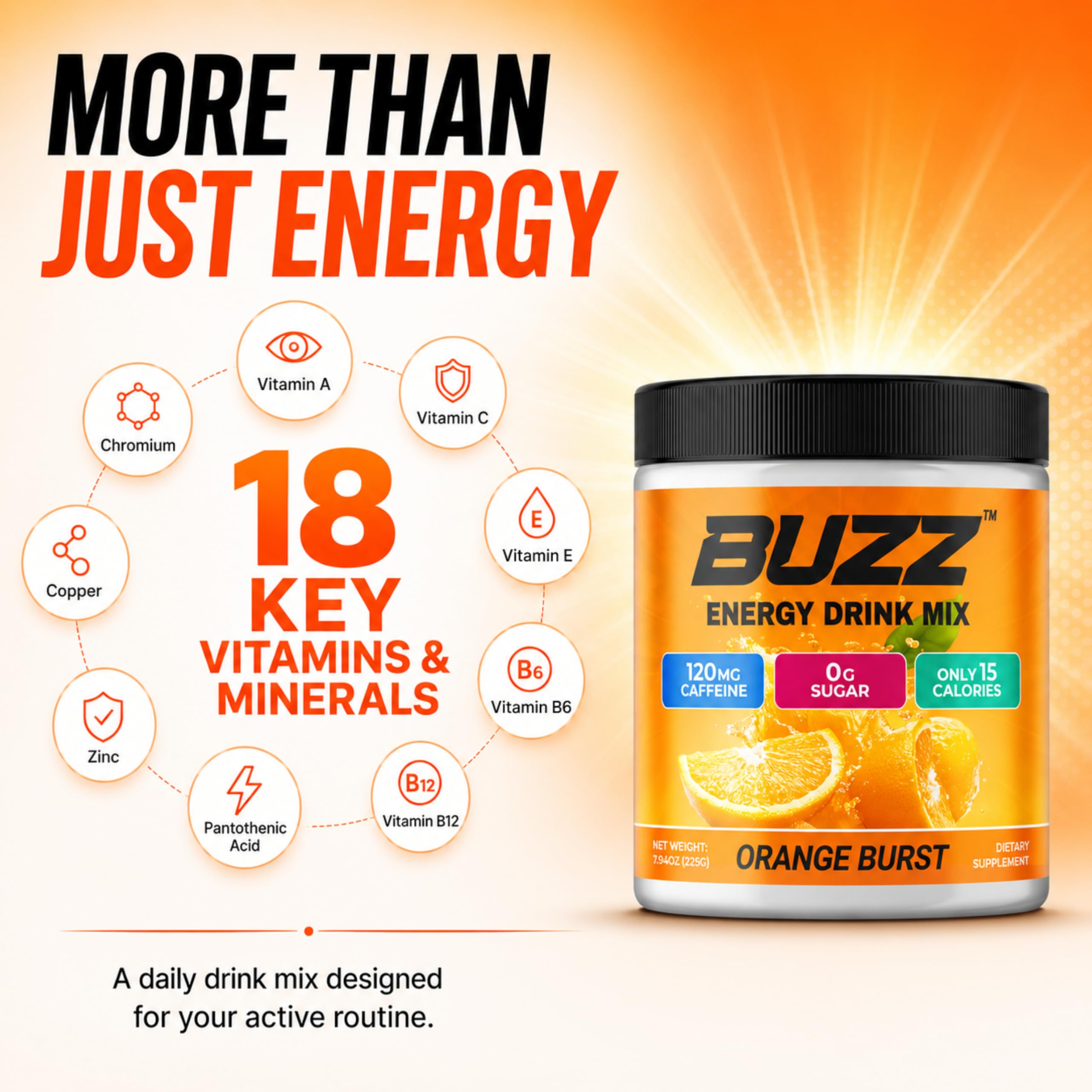Sugar Free Energy Drink Powder, 18 Vitamins & Minerals, Orange Burst Flavor — Amazon image 5