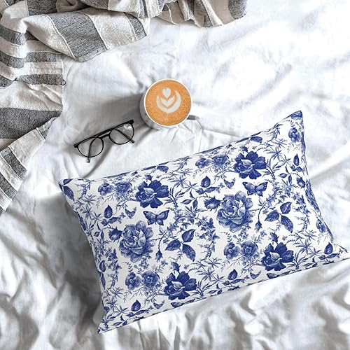 Miniatura 3 de Juego de 2 fundas de almohada de porcelana azul y blanca con diseño floral de mariposa de 12 x 20 pulgadas, fundas de almohada vintage de estilo