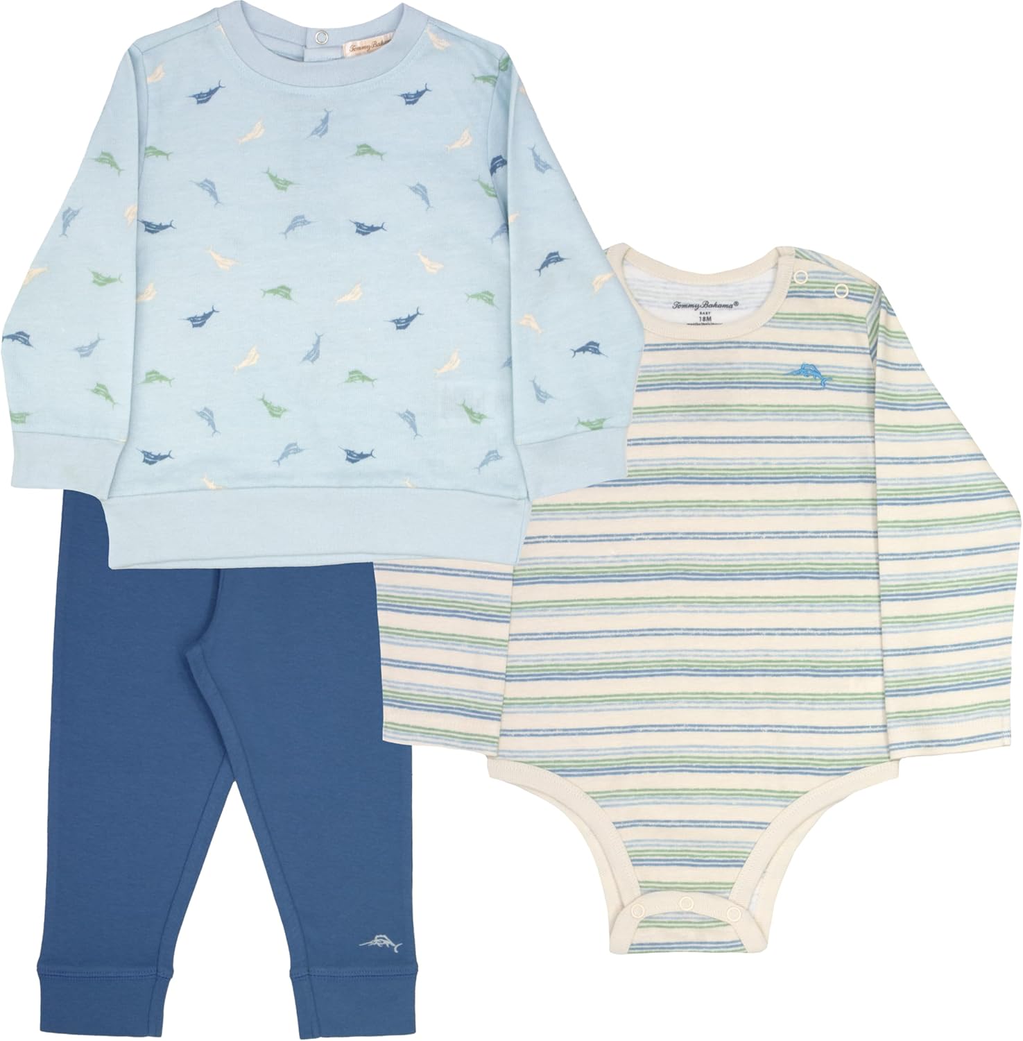 Tommy Bahama Baby 3-Piece 100% Cotton Set - Long Sleeve Shirt, Onesie, and Pants Bundle for Infants and Babies