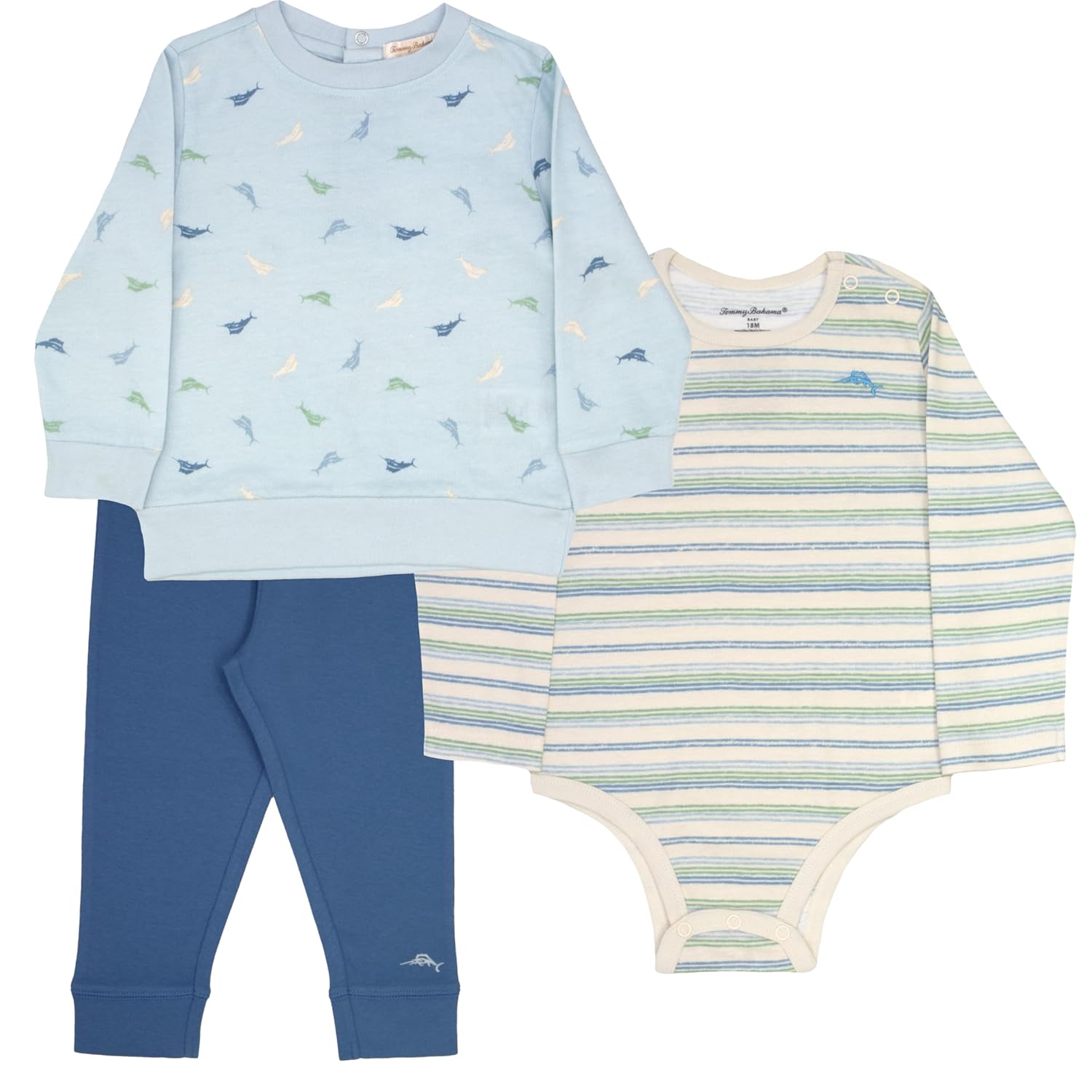 Tommy Bahama Baby 3-Piece 100 Cotton Set - Long Sleeve Shirt Onesie and Pants Bundle for Infants and